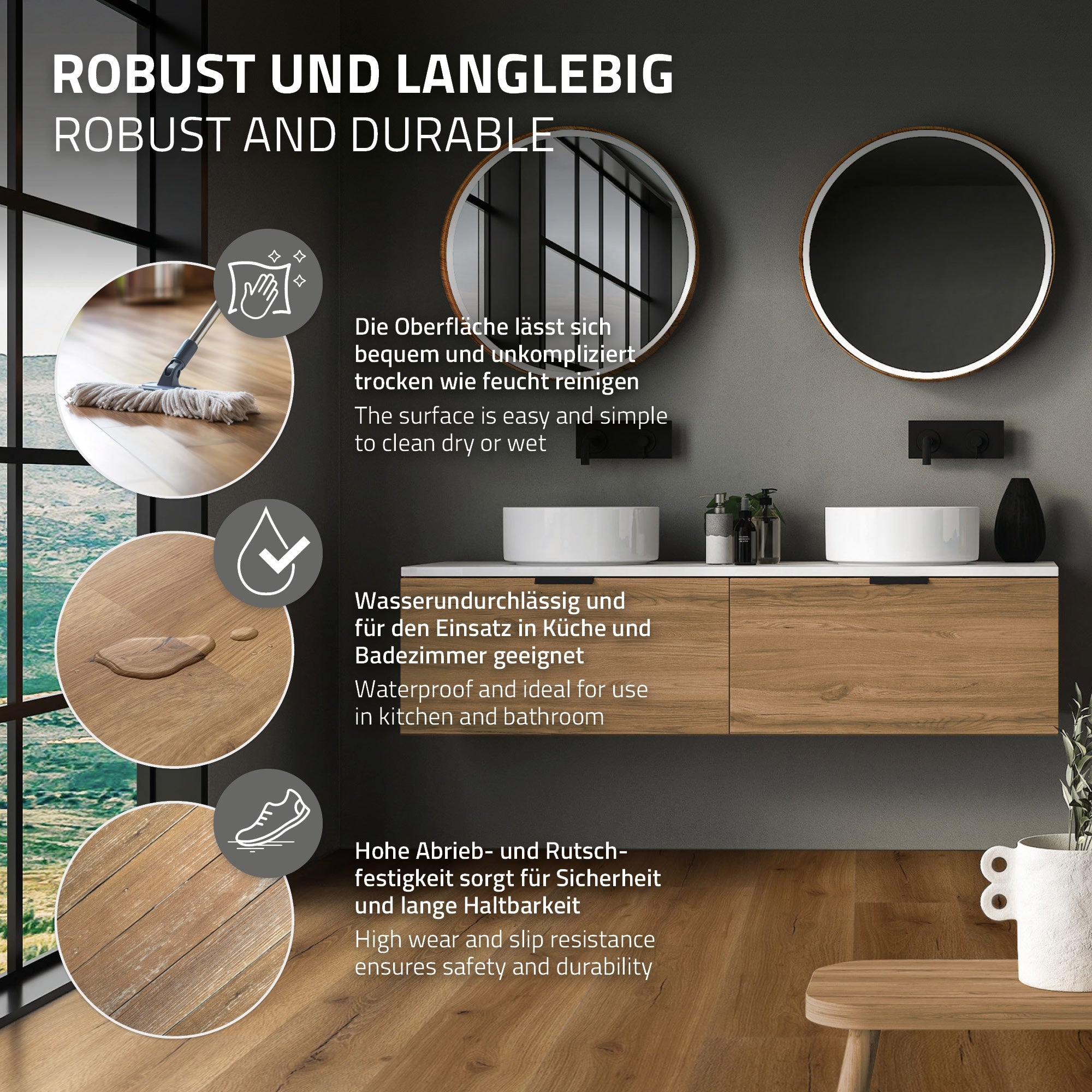 Grafik mit Informationen zu robusten und langlebigen Oberflächen für Küche und Bad.