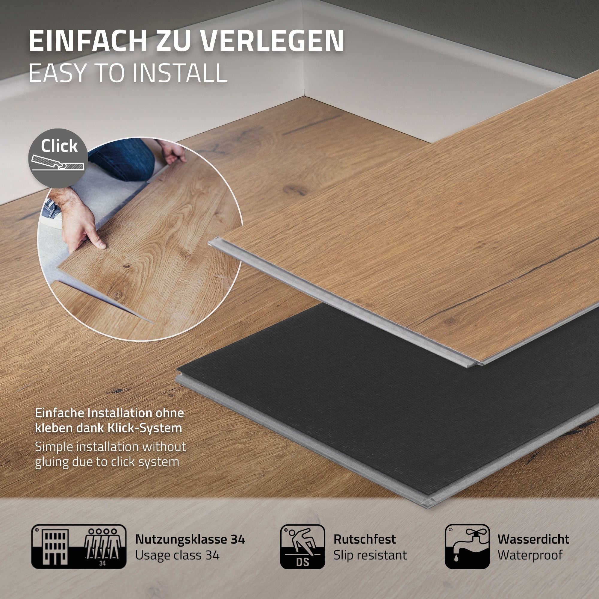 Zwei Vinylbodenplatten, eine hell und eine dunkel, die zusammengefügt werden.