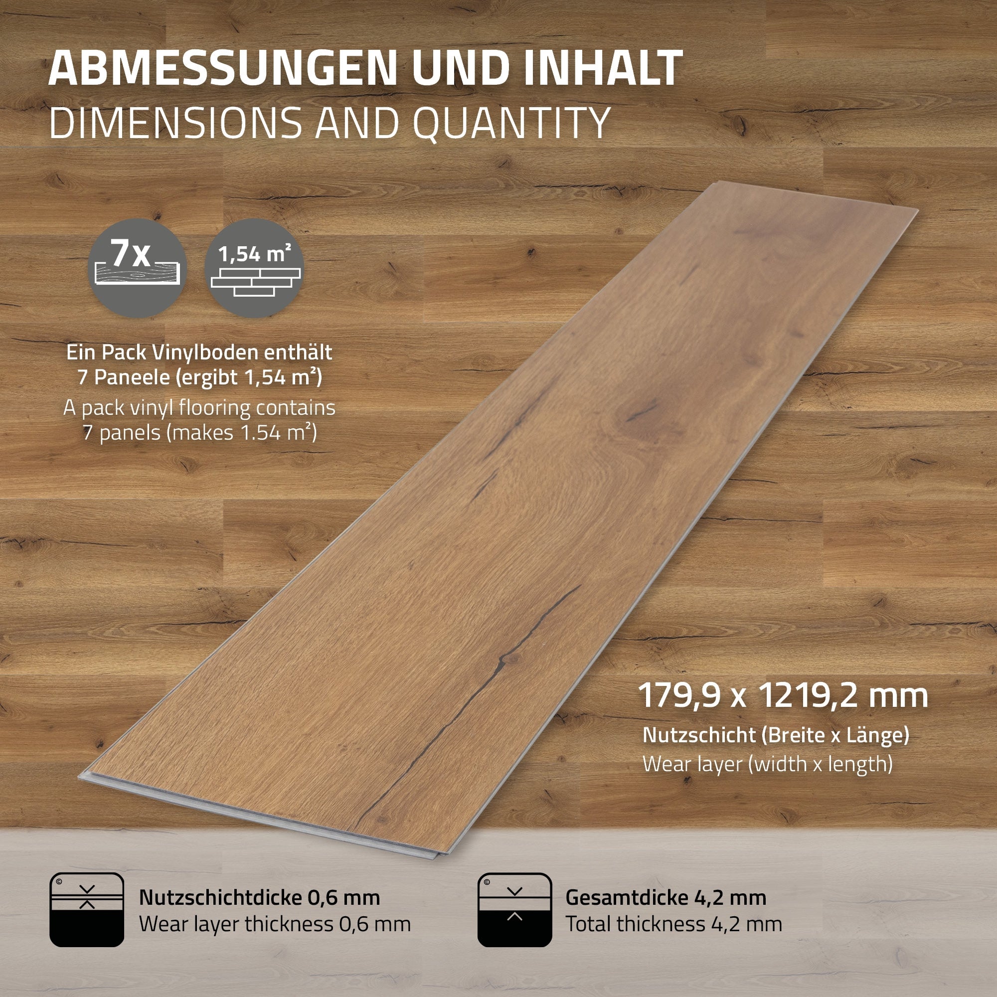 Informationer om dimensioner og indhold af vinylgulvpaneler.