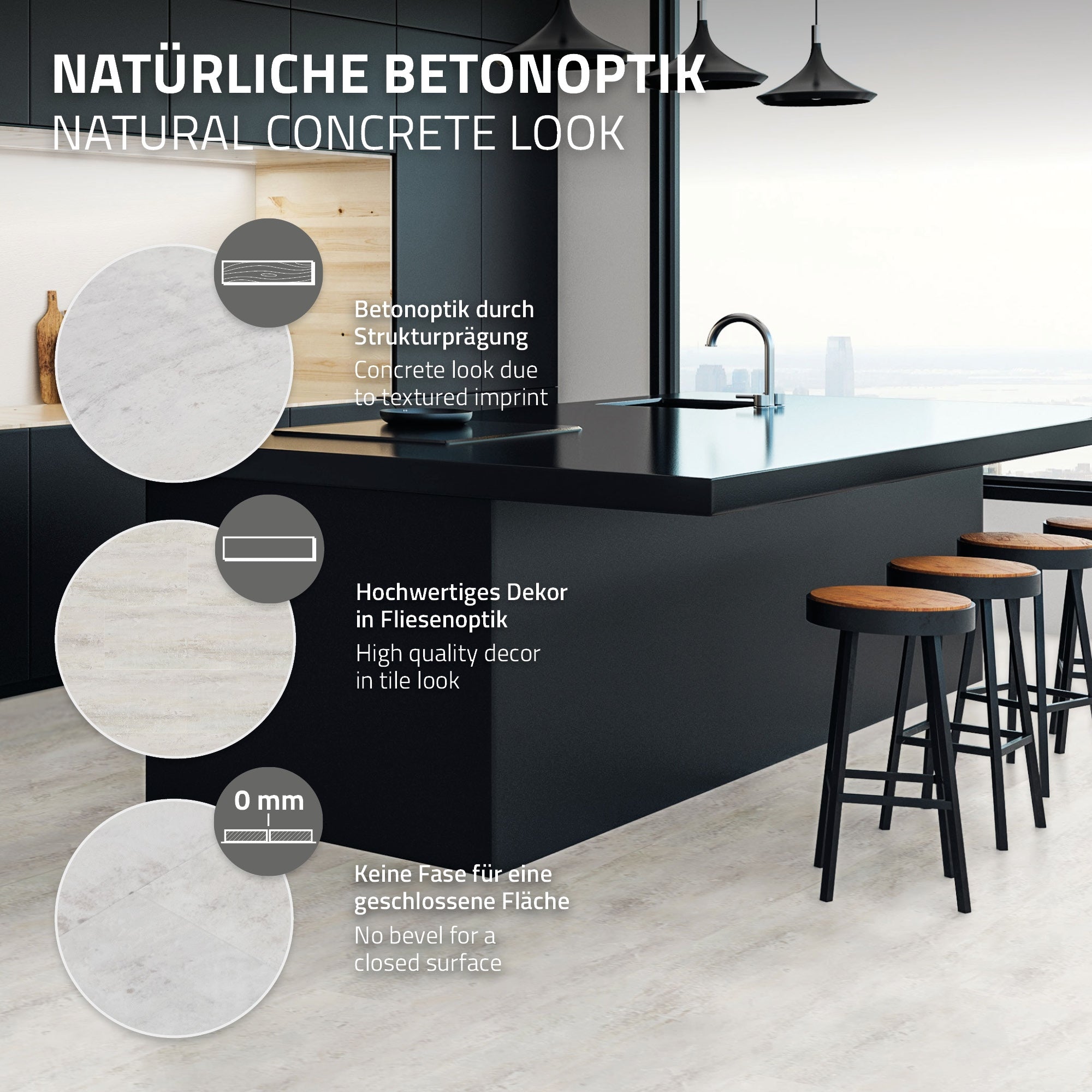 Kücheninsel mit Betonoptik und Holzstühlen, moderne Einrichtung.