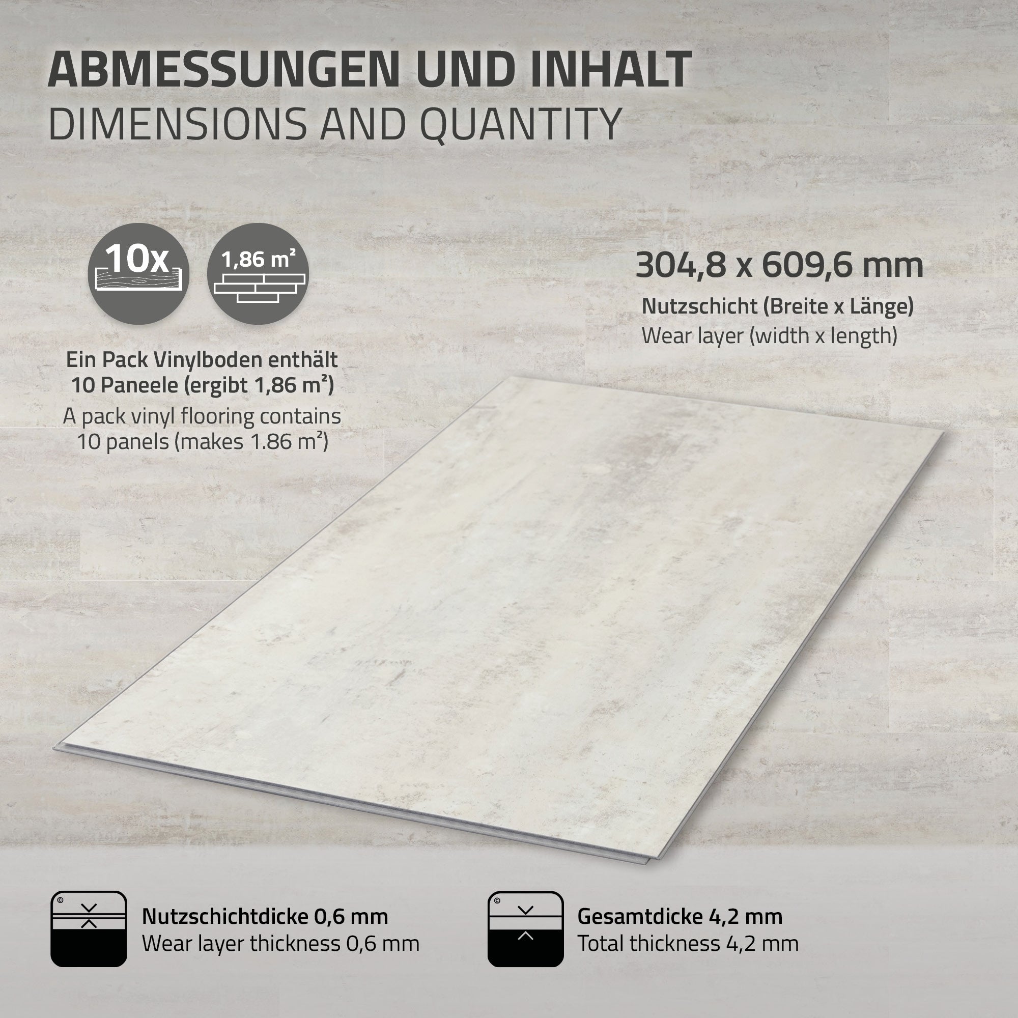 Graphique avec les dimensions et le contenu d'un paquet de sol en vinyle, mesures et nombre de panneaux.