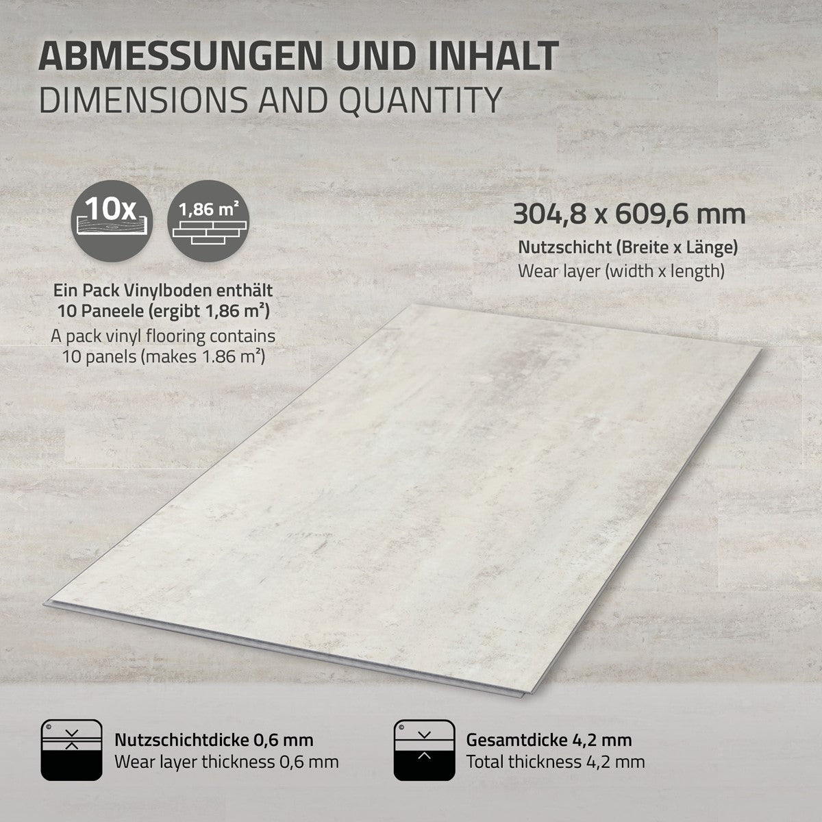 Grafik mit Abmessungen und Inhalt eines Vinylboden-Pakets, Maße und Anzahl der Paneele.