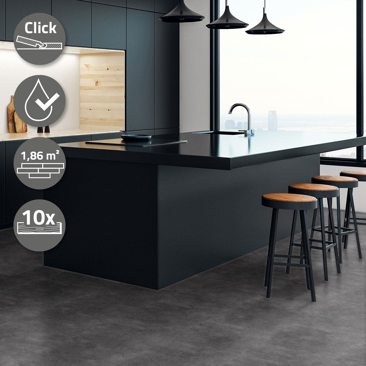 Kitchen with a black kitchen island, bar stools and vinyl flooring, large windows in the background.