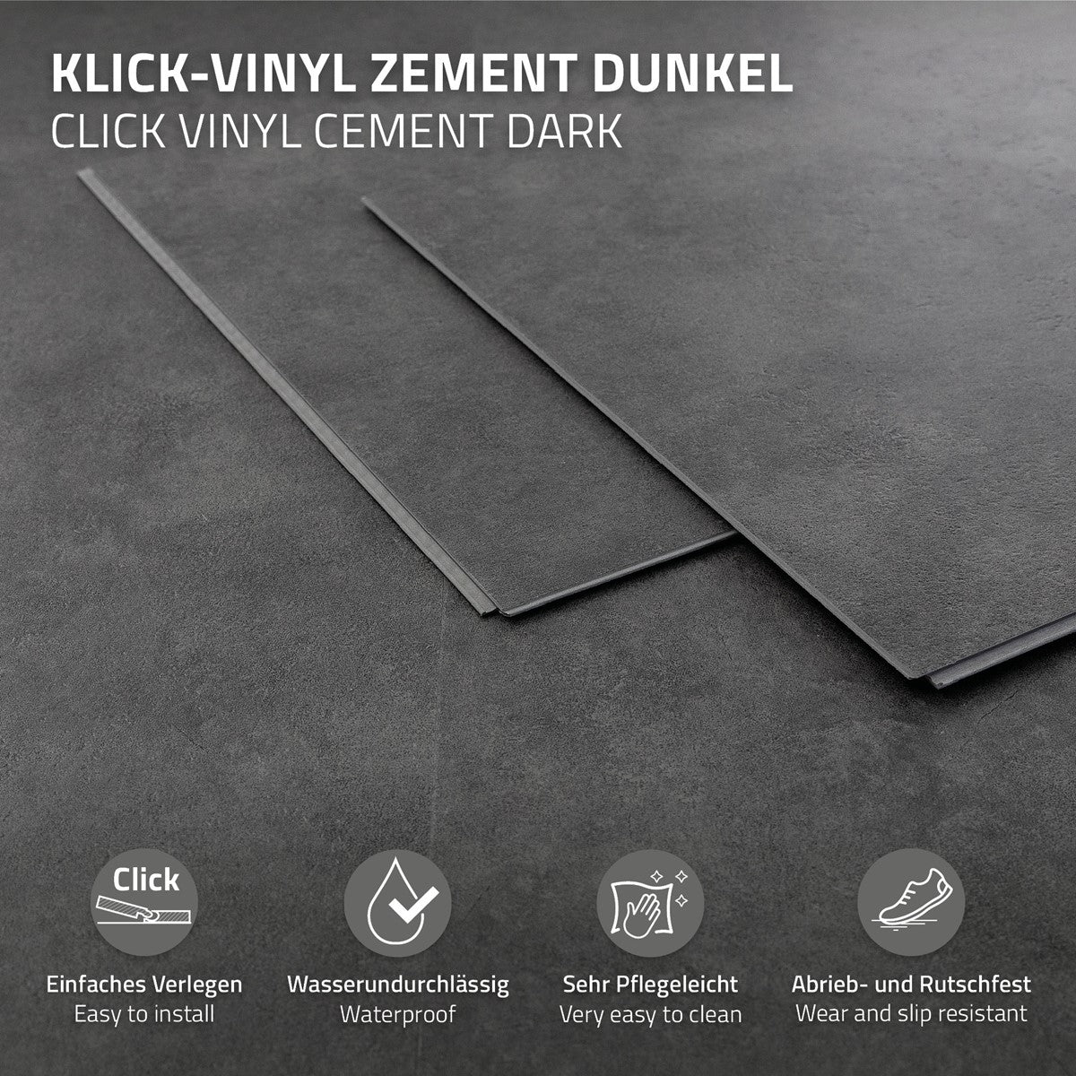 Grafik med egenskaper hos klickvinyl i mörk cementlook.