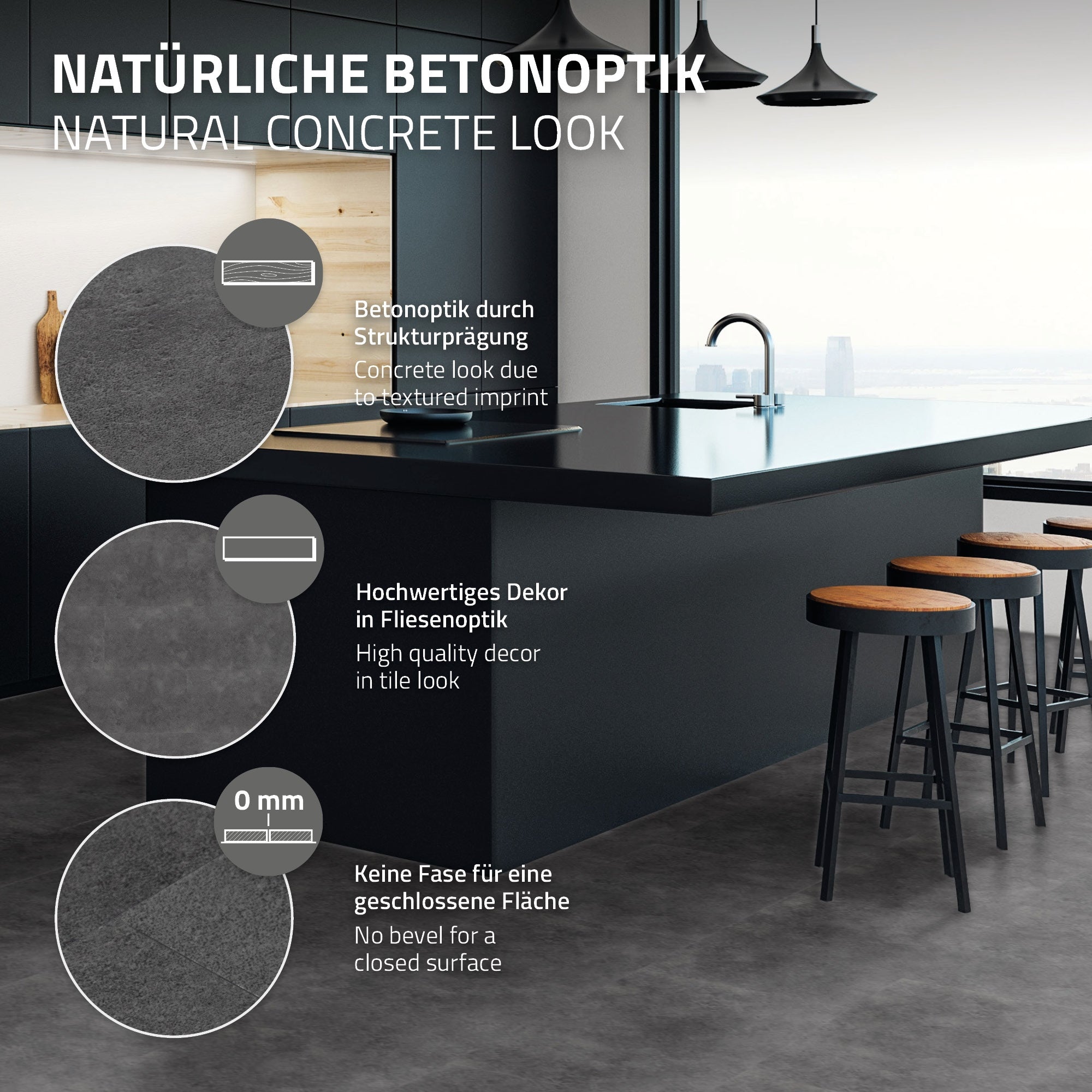 Details zur Betonoptik der Kücheninsel, keine Fase an der Kante.