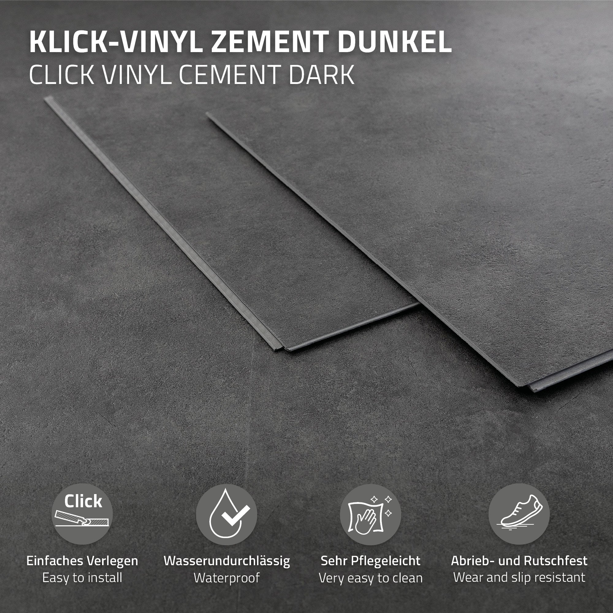 Grafik mit Eigenschaften des Klick-Vinyls in dunkler Zementoptik.