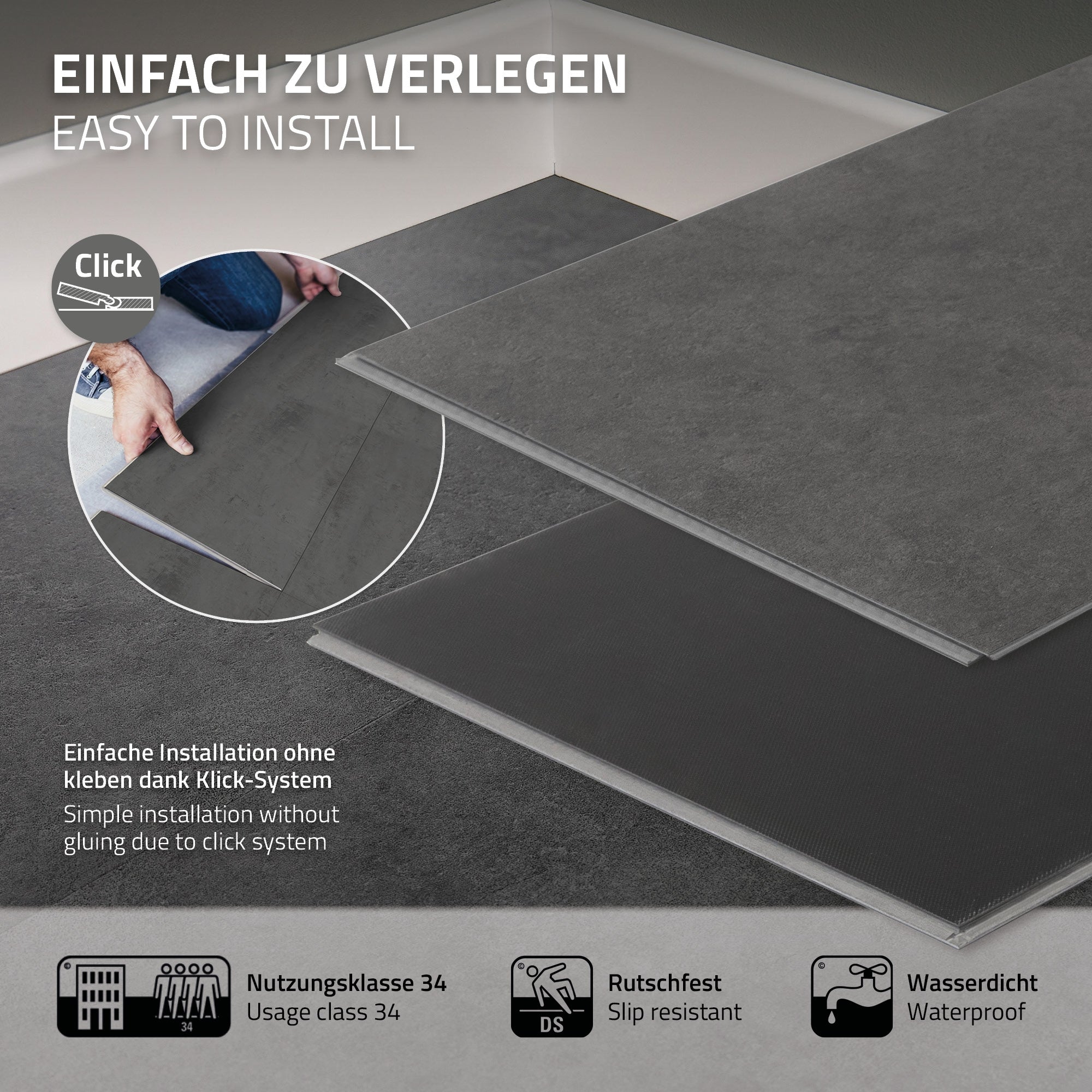 Grafik mit Informationen zur einfachen Verlegung von Bodenbelägen ohne Kleben.