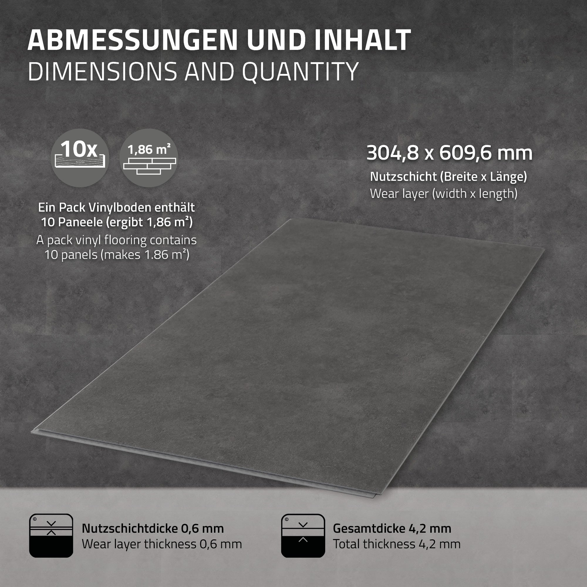 Grafik mit Abmessungen und Inhalt eines Vinylbodens, Maße und Schichtdicken angegeben.