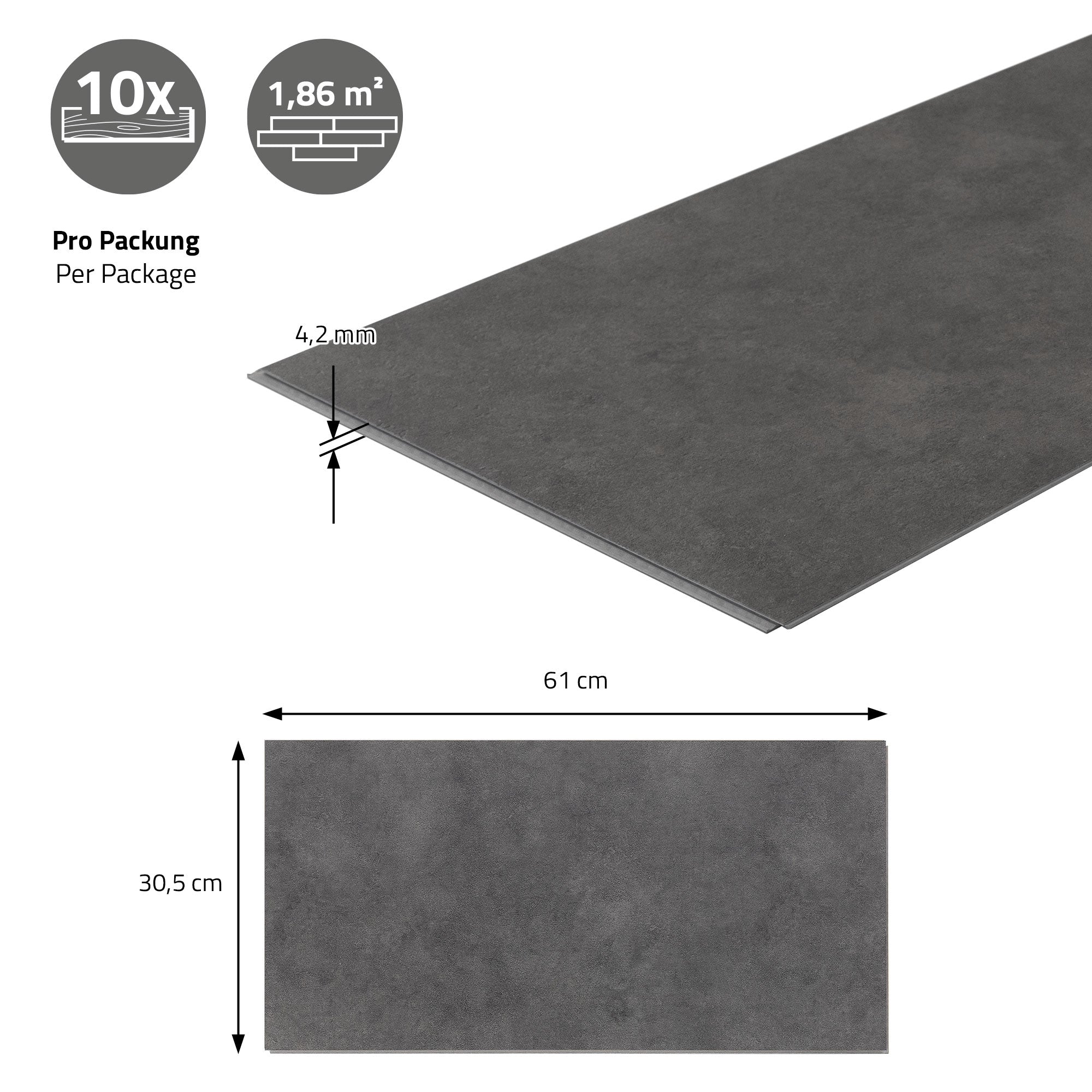 Grafik mit Abmessungen und Verpackungsdetails für Vinylboden.