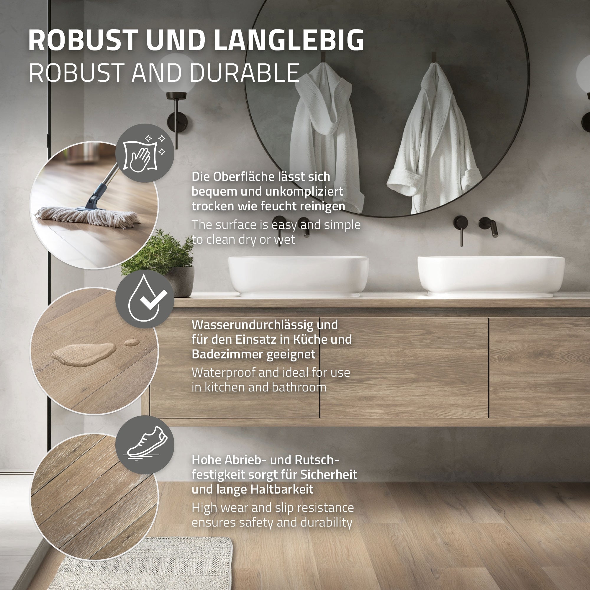 Ein Badezimmer mit zwei Waschbecken und einem großen Spiegel. Holzoberfläche und Pfle