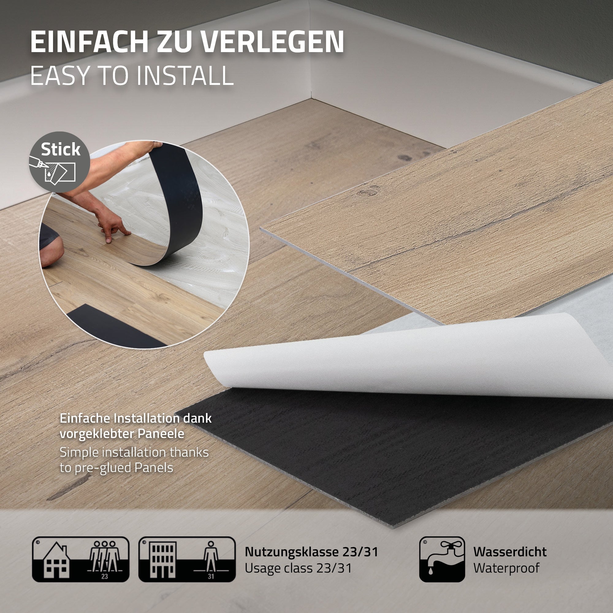 Grafik über die einfache Verlegung von Vinylboden-Paneelen.