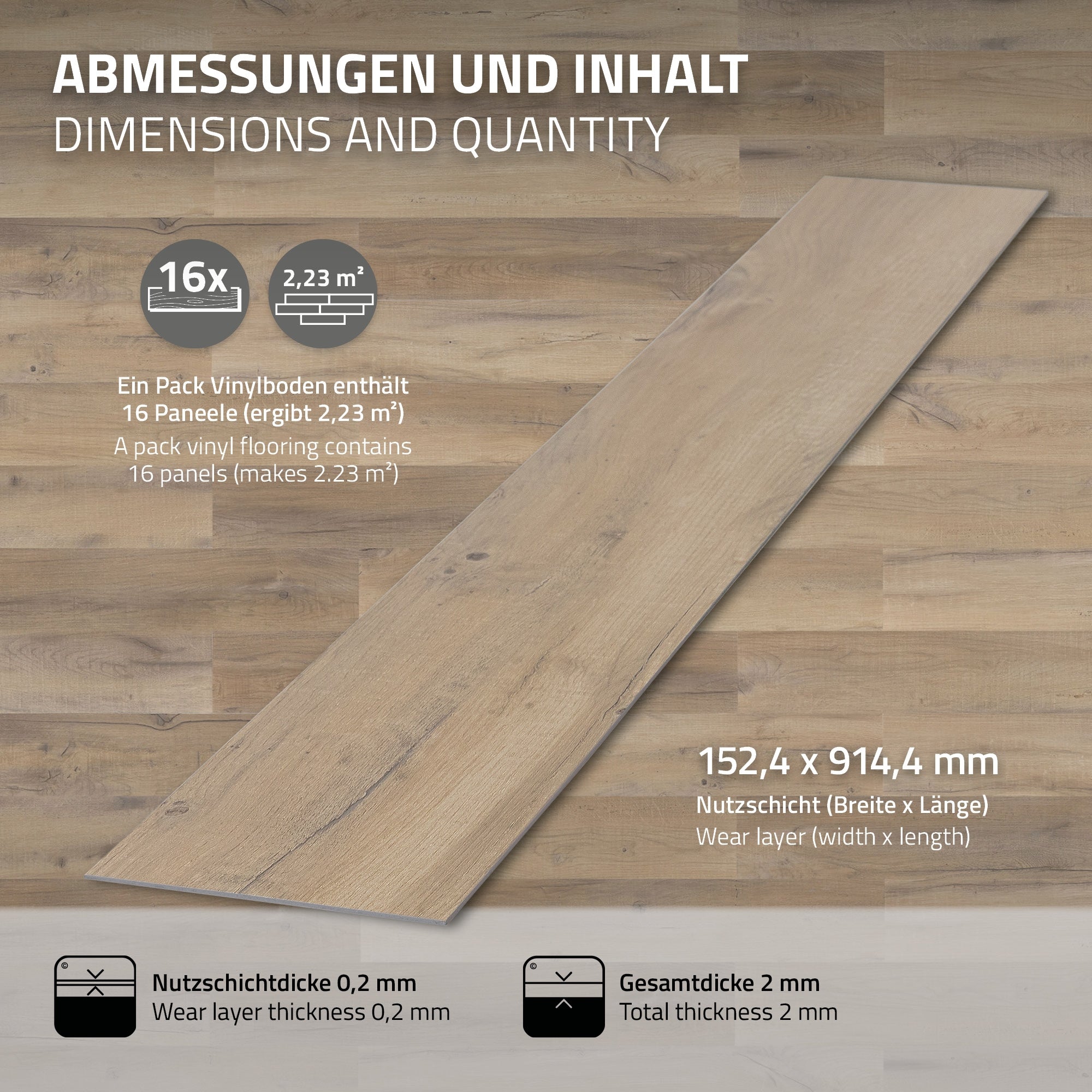 Grafik mit Abmessungen und Inhalt eines Vinylboden-Pakets.