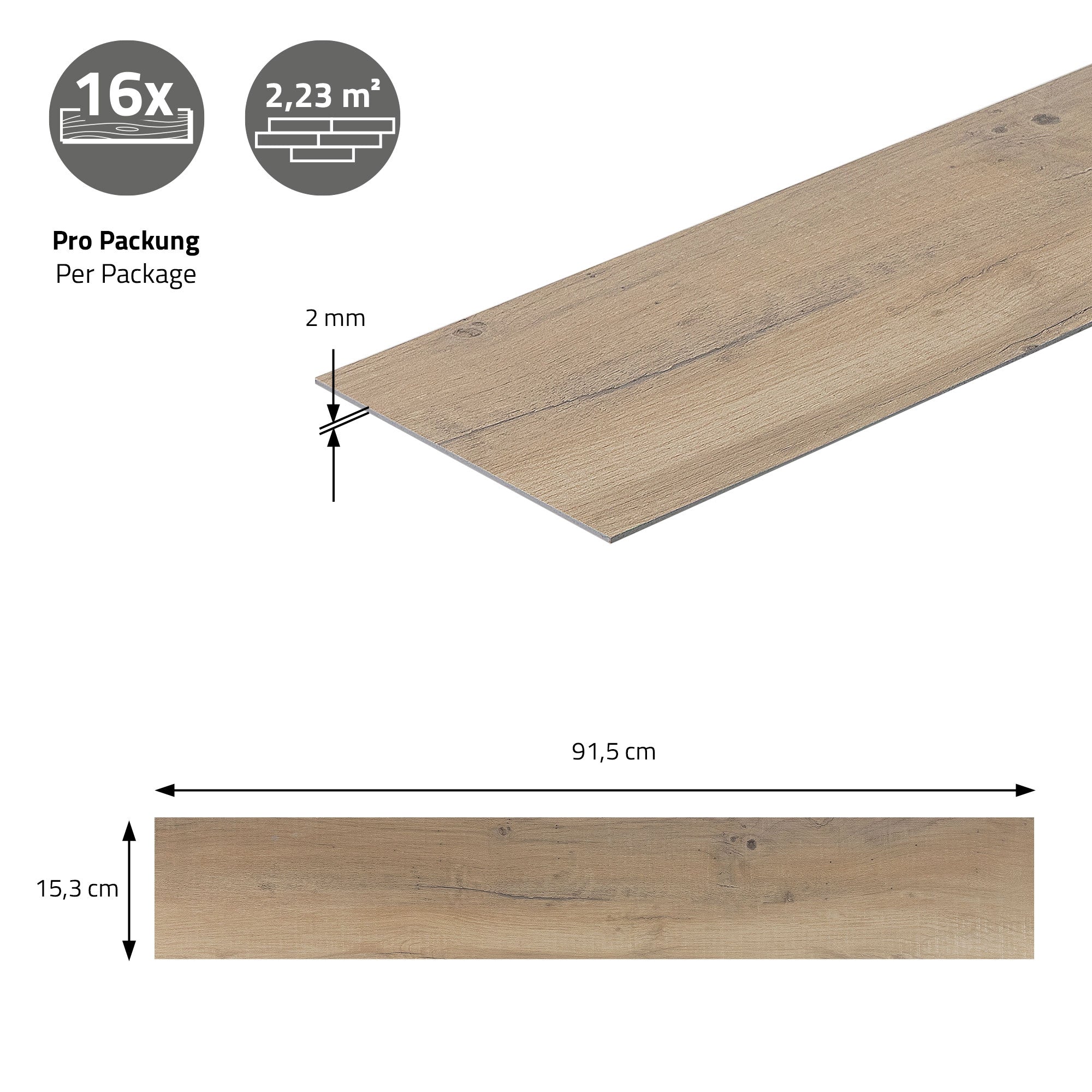 Ein Holzpaneel mit Abmessungen und Verpackungsinformationen. Maße sind 91,5 cm x 15,3