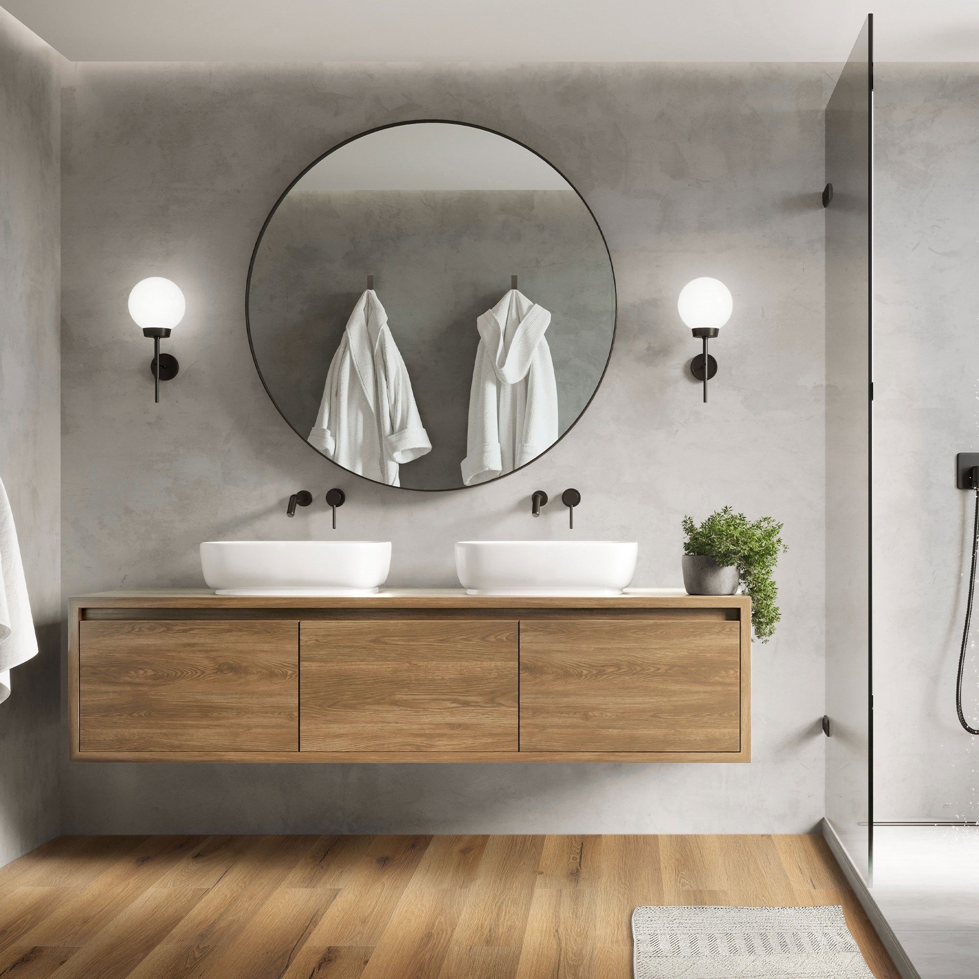 Modernes Badezimmer mit Spiegel und Holzschrank.