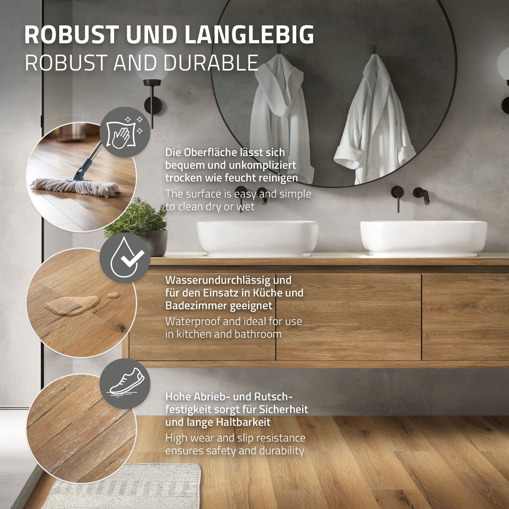 Badezimmer mit Holzschrank und zwei Waschbecken.