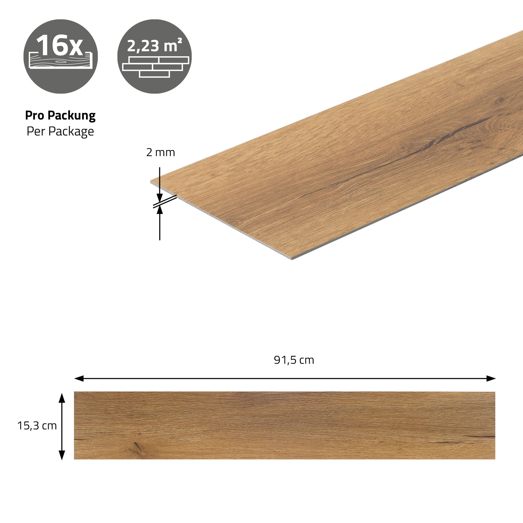 Maßangaben für ein Holzpaneel mit Abmessungen und Stückzahl pro Verpackung.