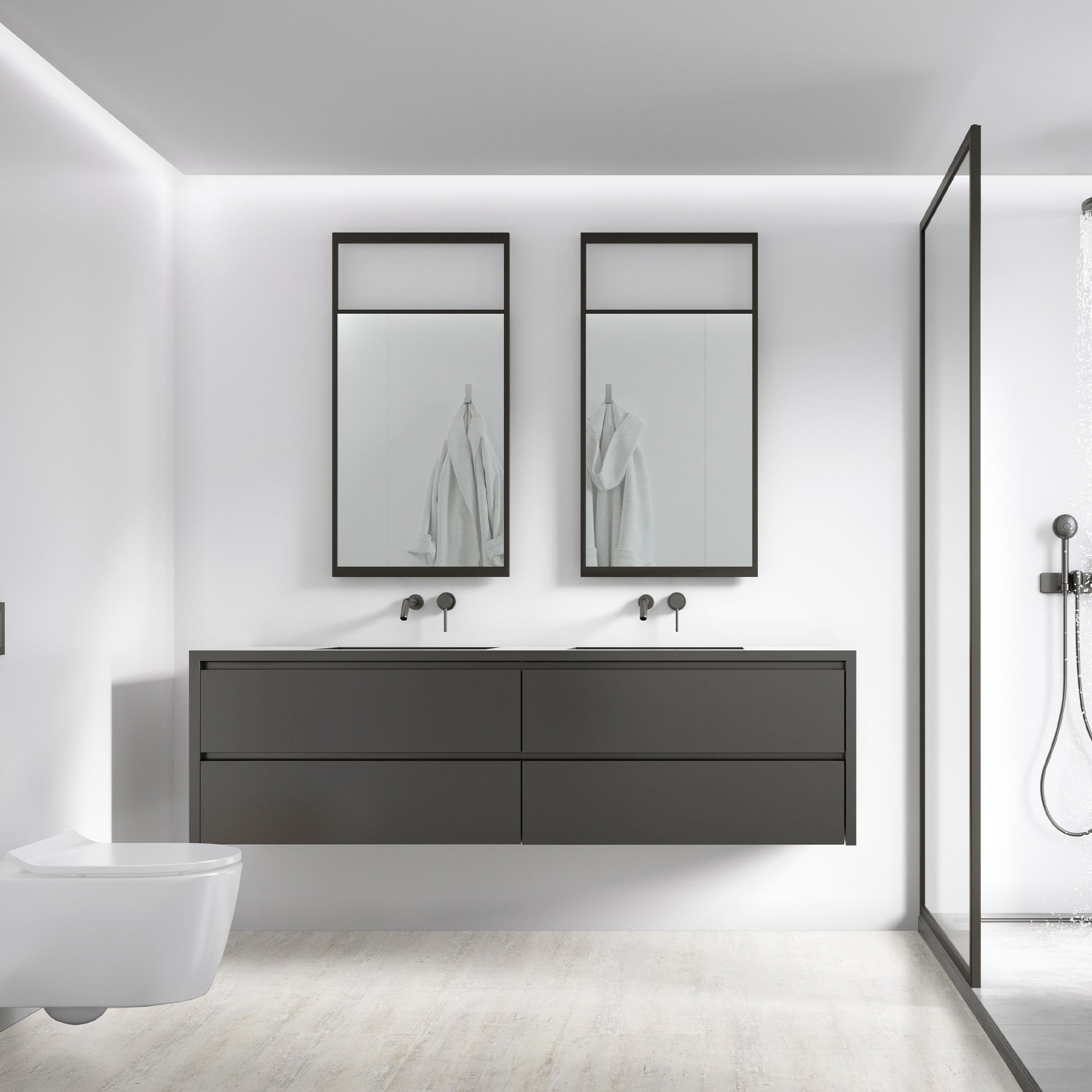 Badezimmer mit zwei Spiegeln, einem Waschbecken und einer Dusche in einem minimalistischen Design.
