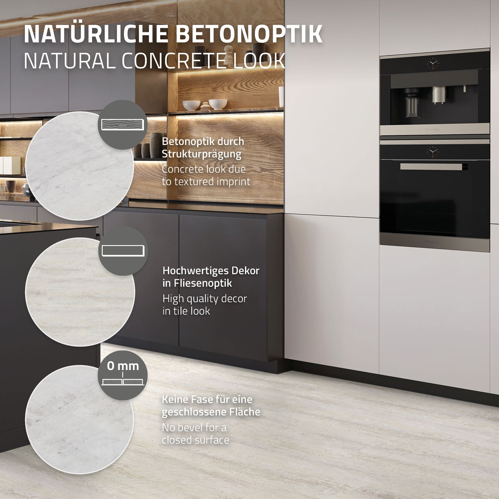 Küche mit Betonoptik, Holzregalen und modernen Geräten, hellen Wänden und einem hellen Boden.