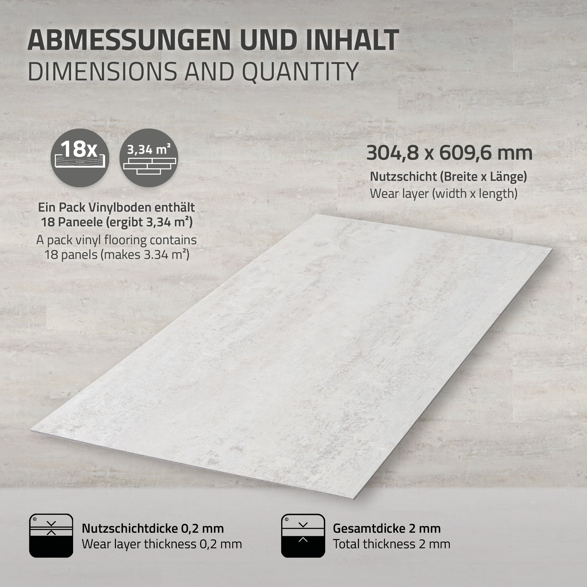 Grafik mit Abmessungen und Inhalt eines Vinylbodens auf hellem Hintergrund.