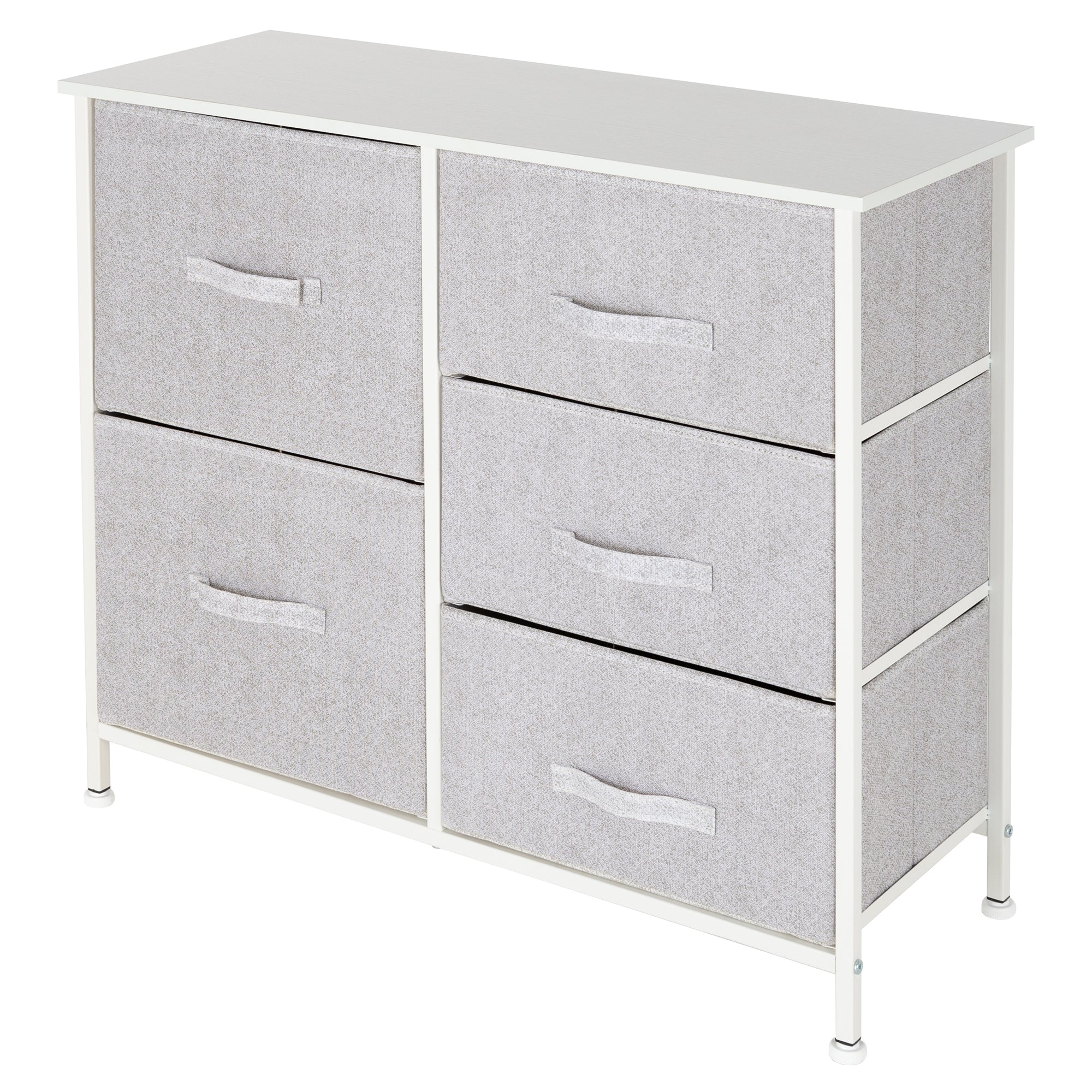 Ein grauer Schrank mit vier Schubladen und zwei Fächern auf einem weißen Tisch.