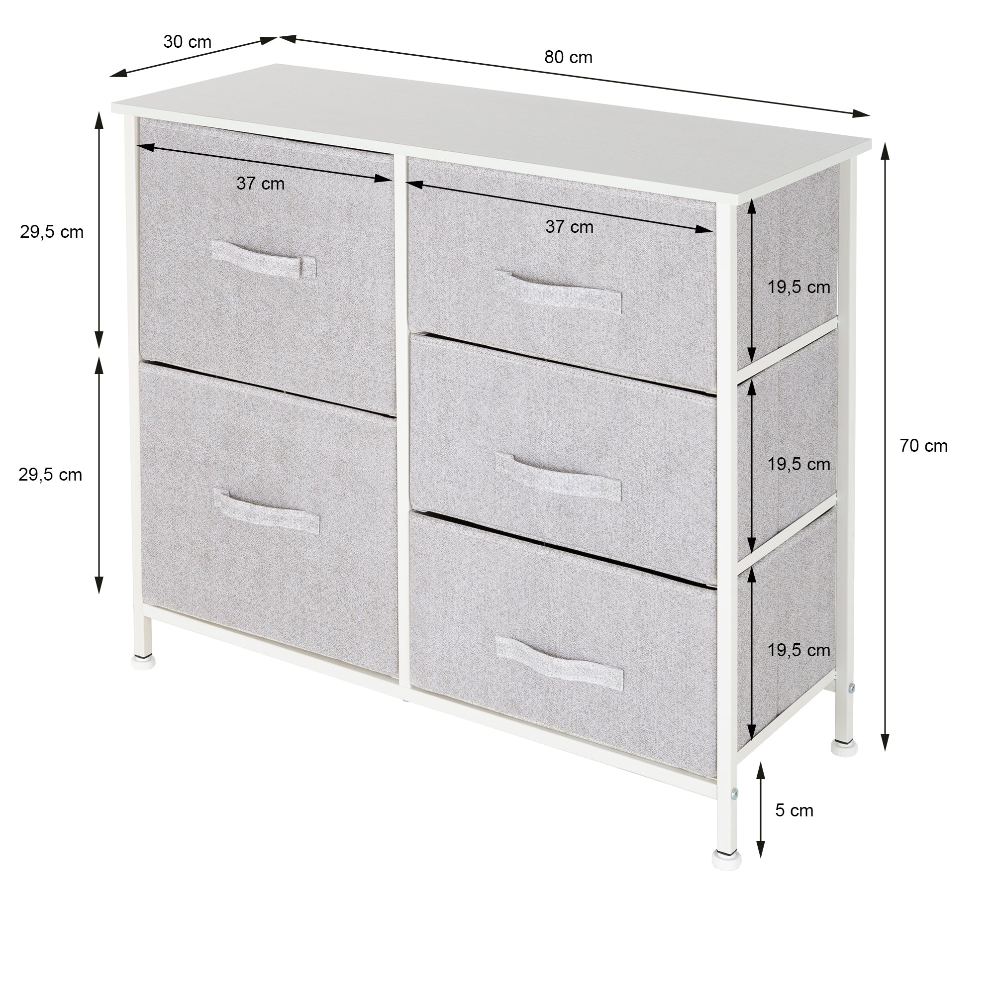 Ein Sideboard mit vier Schubladen und Maßen in Zentimetern.