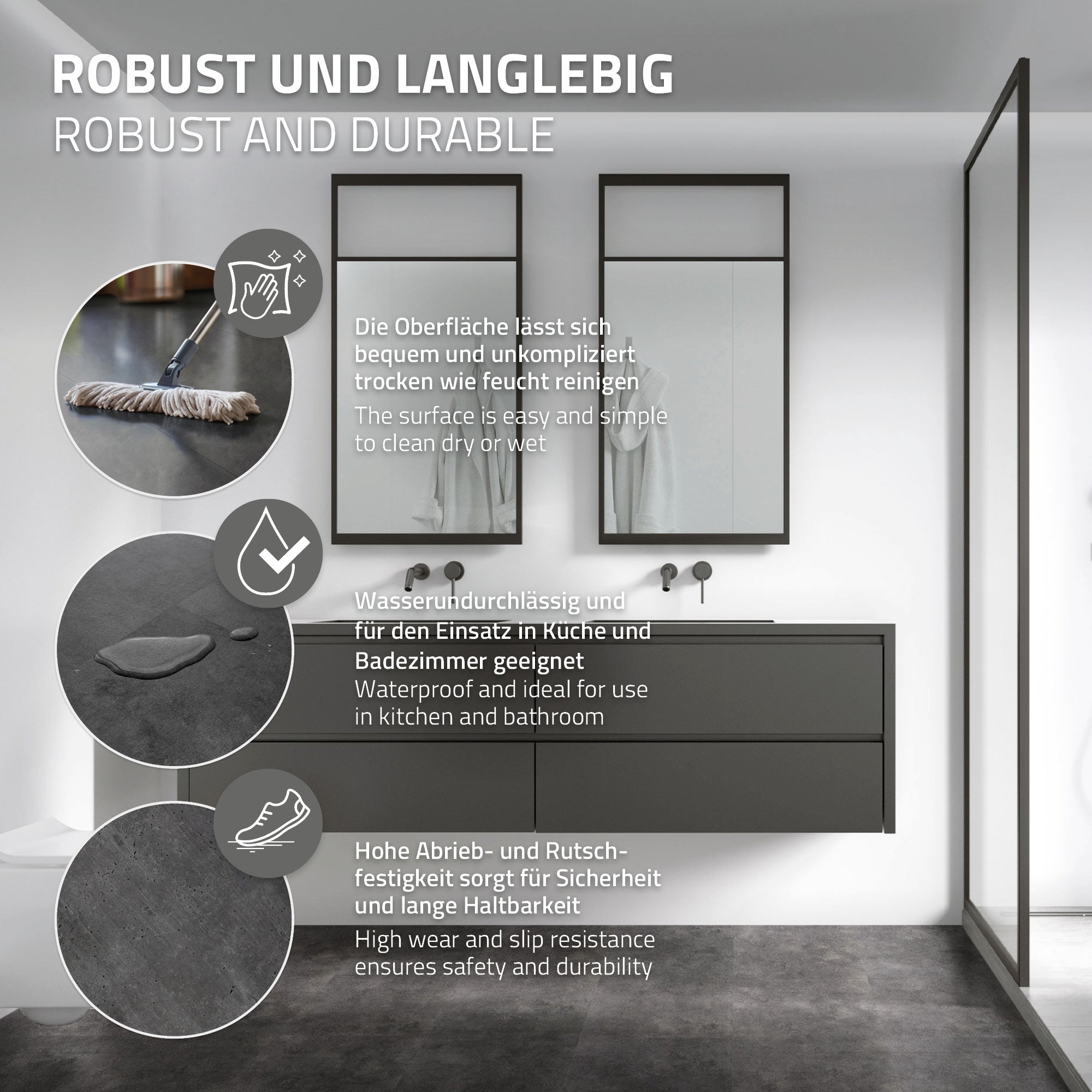 Schwarze Badezimmermöbel mit Spiegel und Waschbecken, wasserfe