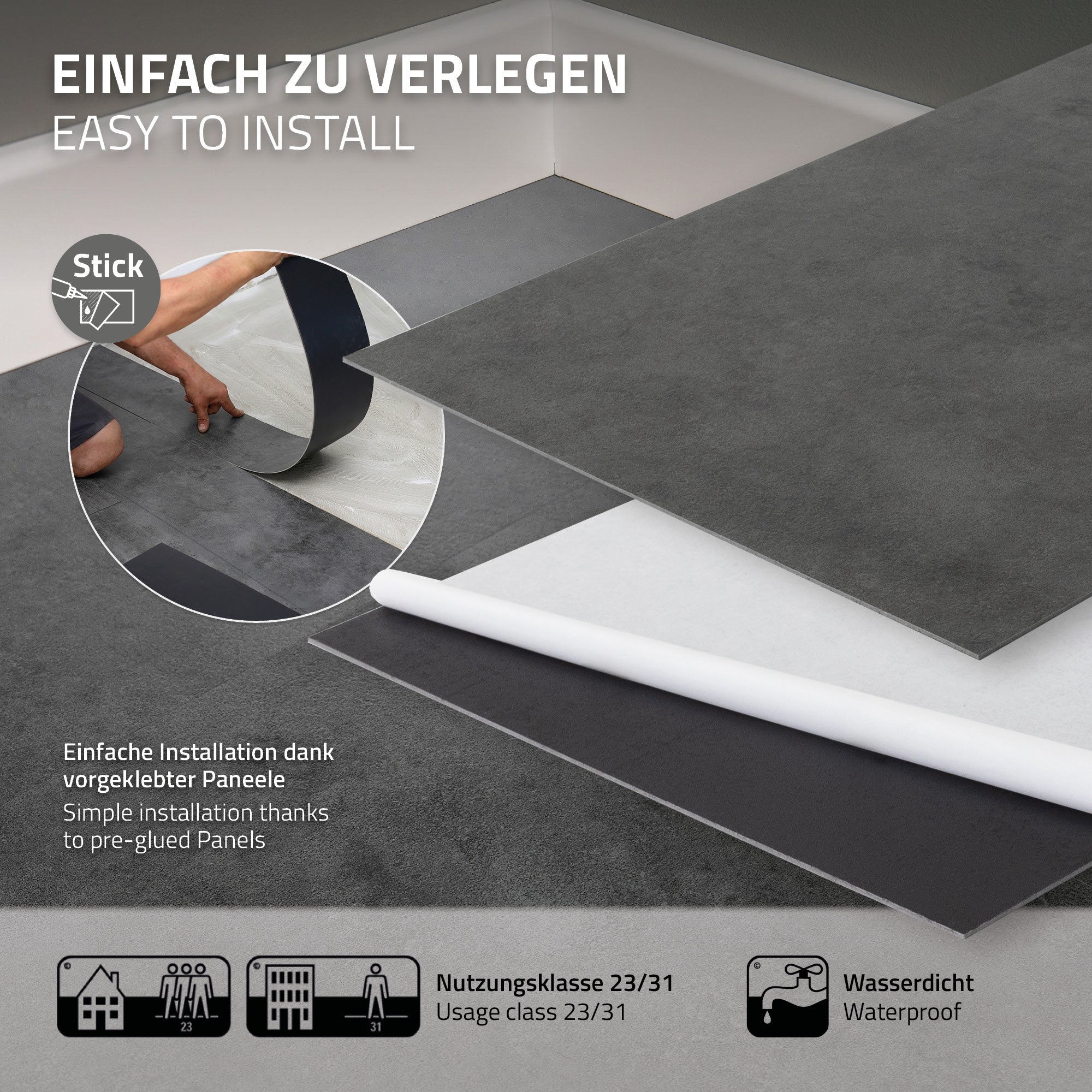 Grafik zur einfachen Verlegung von Vinylpaneelen mit Installat