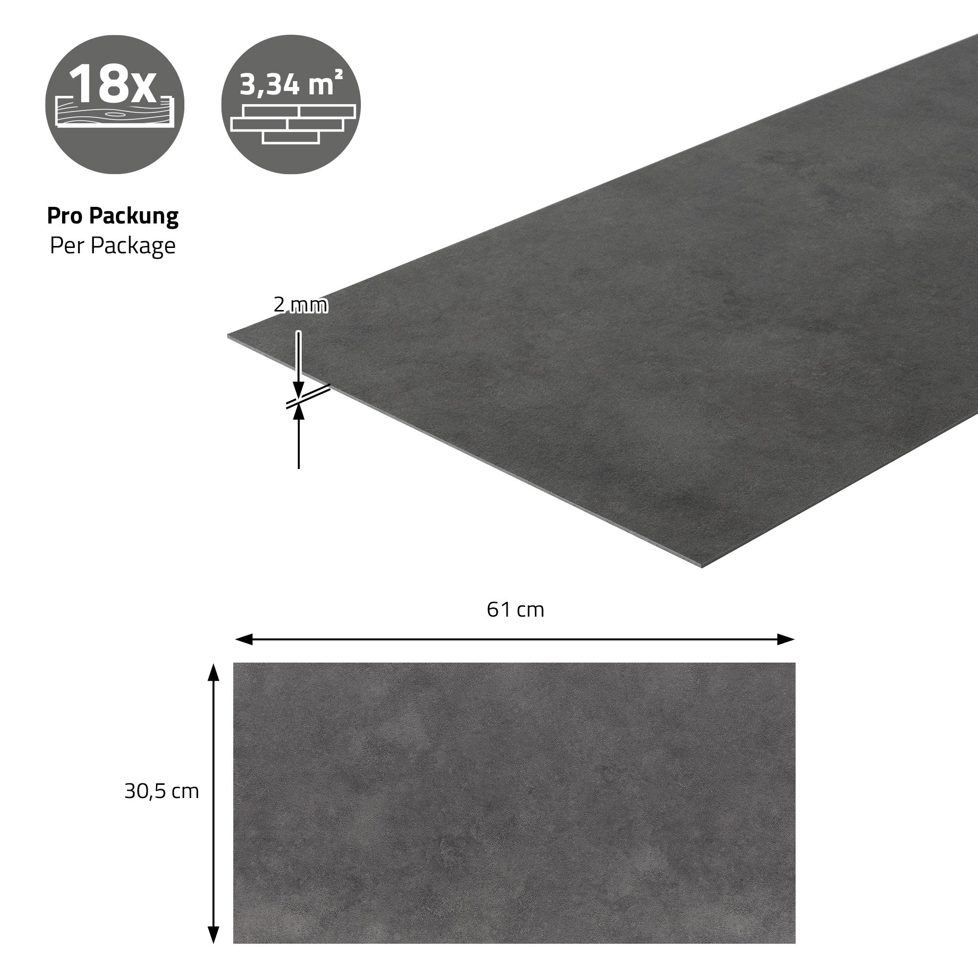 Dunkle Platten mit Abmessungen und Verpackungsinformationen au