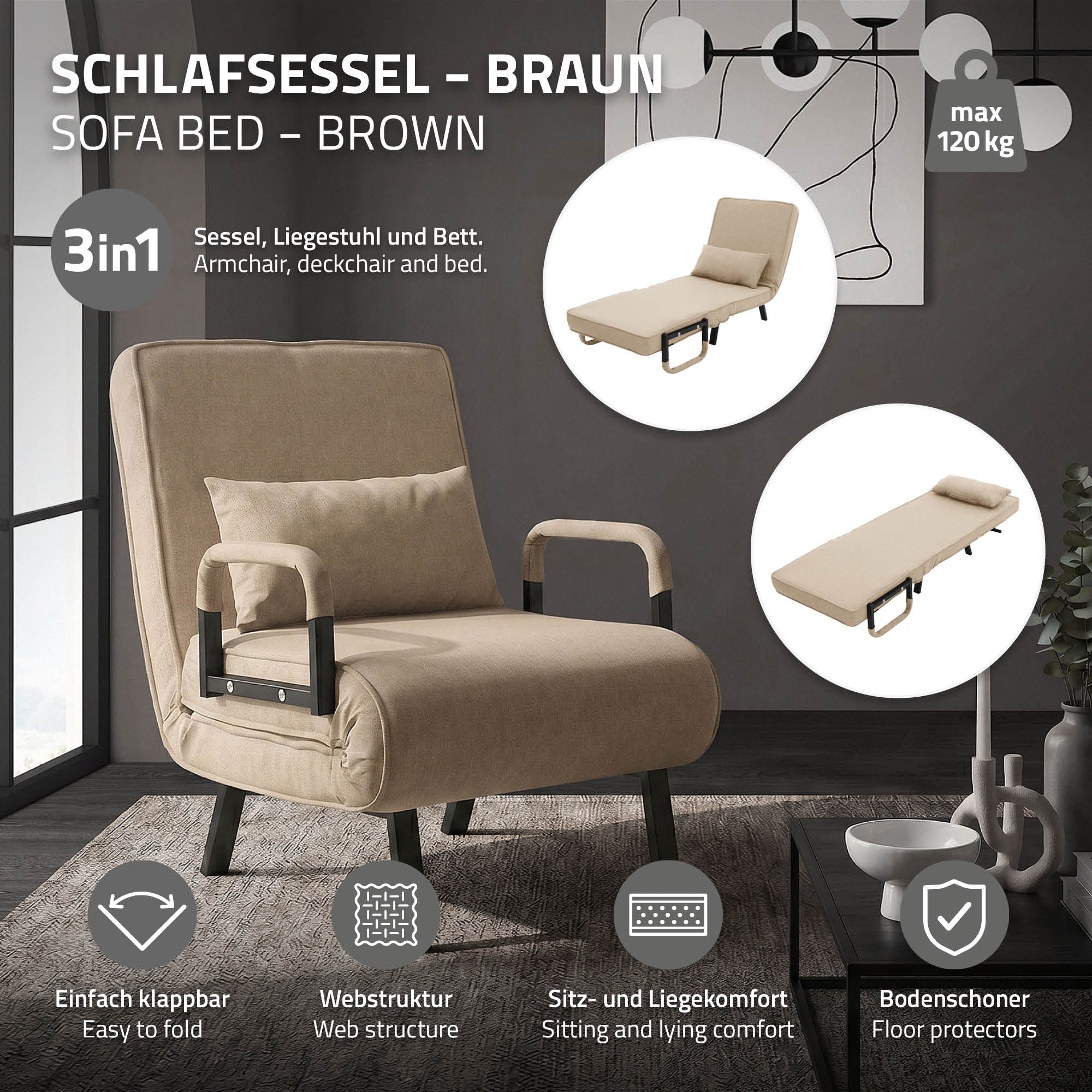 Brauner Schlafsessel mit Liegefunktion in einem modernen Raum.