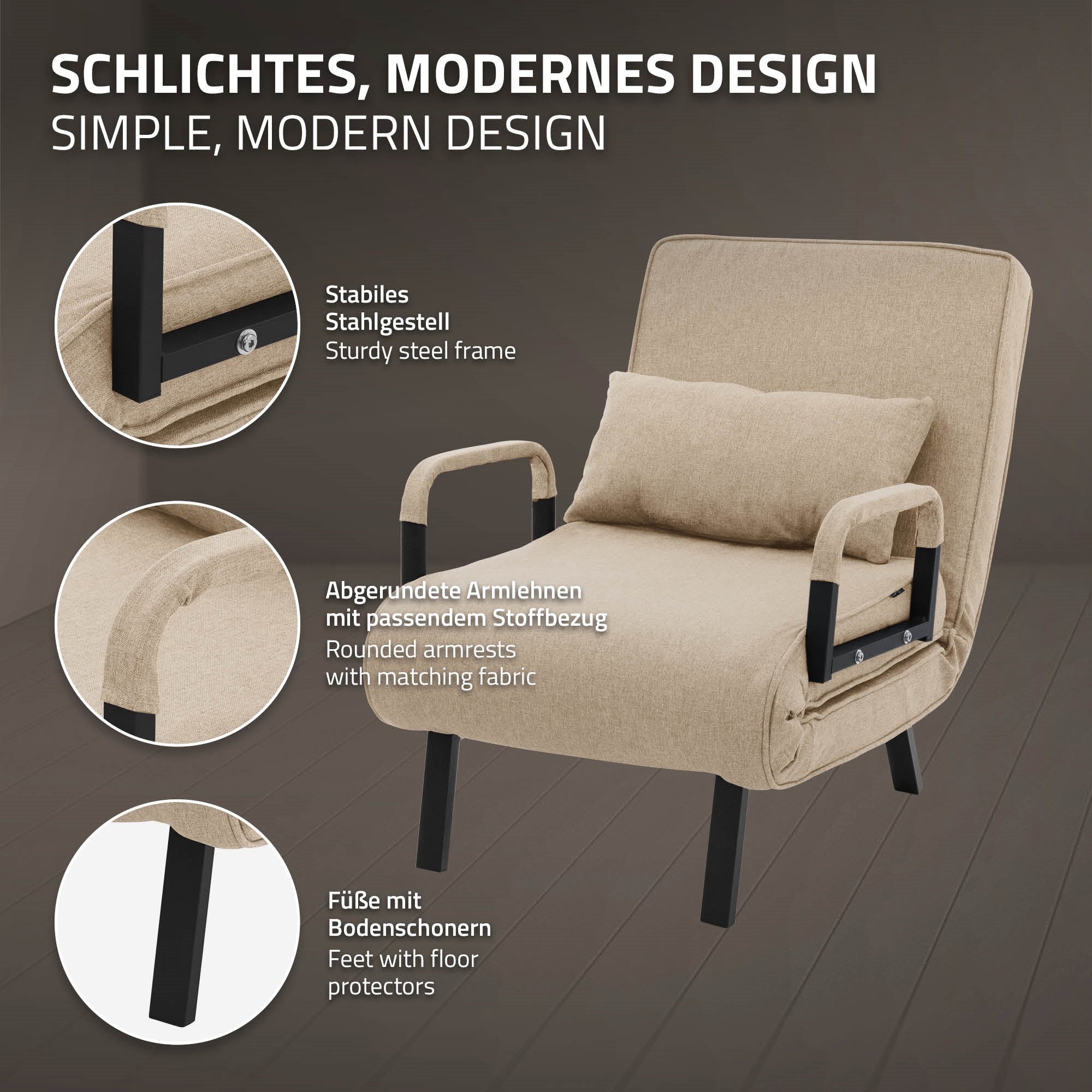 Reclining armchair with stable steel frame and rounded armrests, beige.