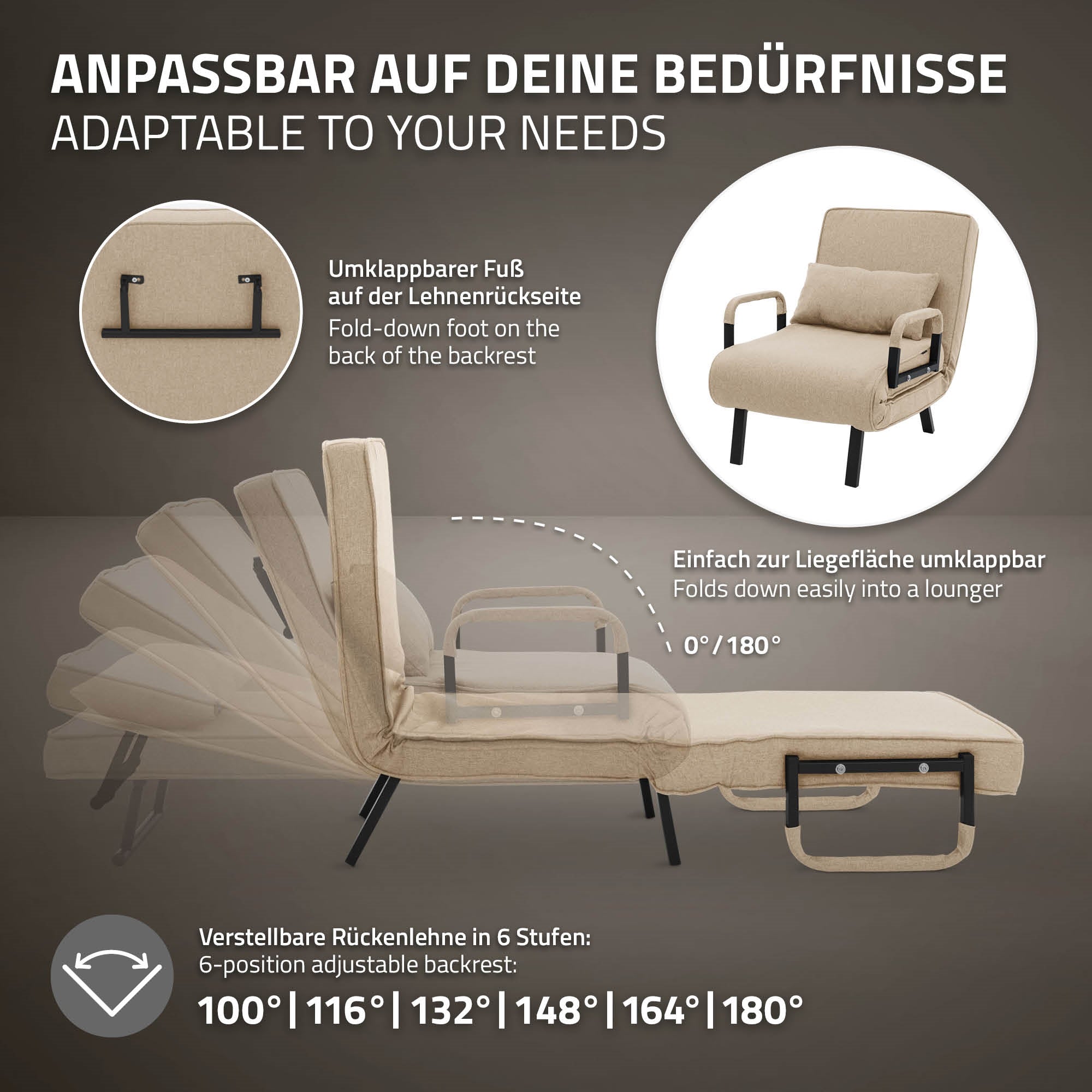 Adjustable backrest in six positions, foldable foot on the back of the backrest.
