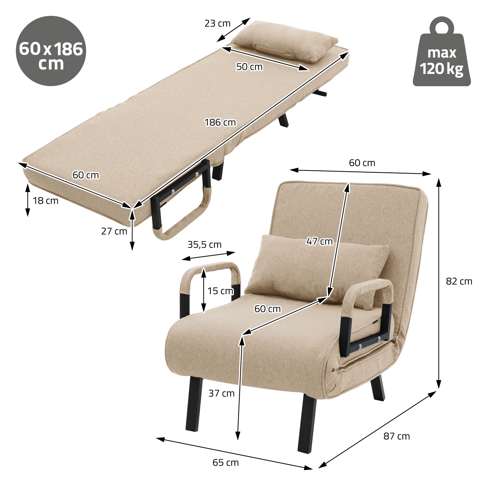 Dimensions of a sofa bed with cushions, beige, 60x186 cm, max. 120 kg.