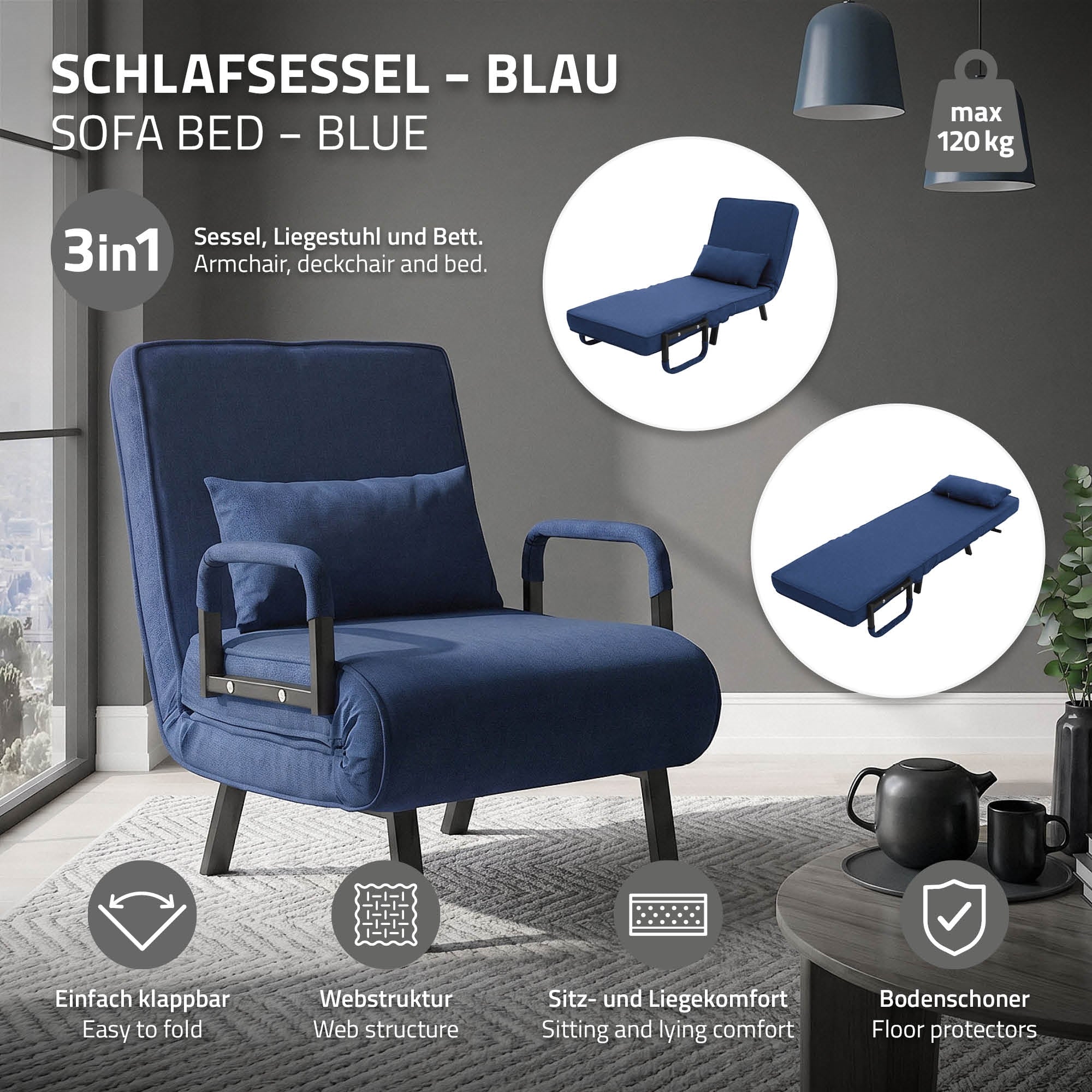 Blauer Schlafsessel mit Liegefunktion in einem modernen Raum.