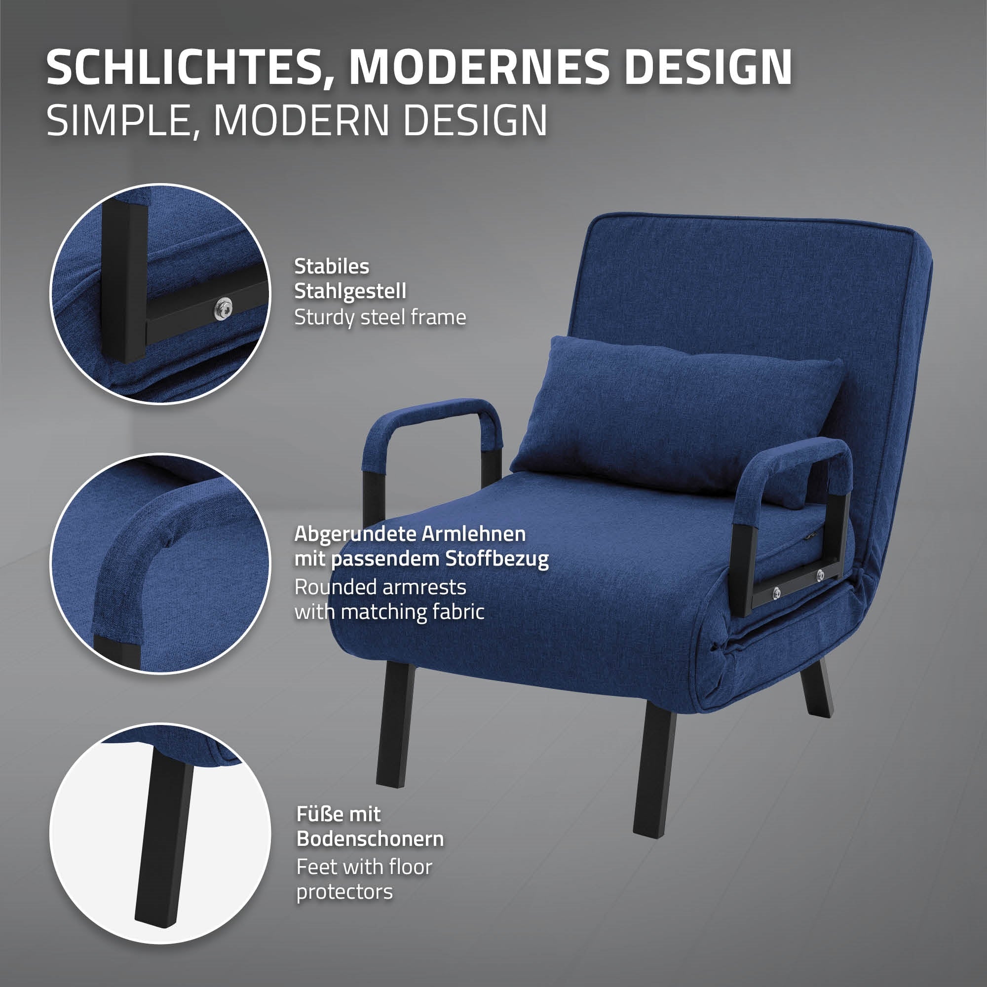 Diseño sencillo y moderno con estructura de acero estable y reposabrazos redondeados.