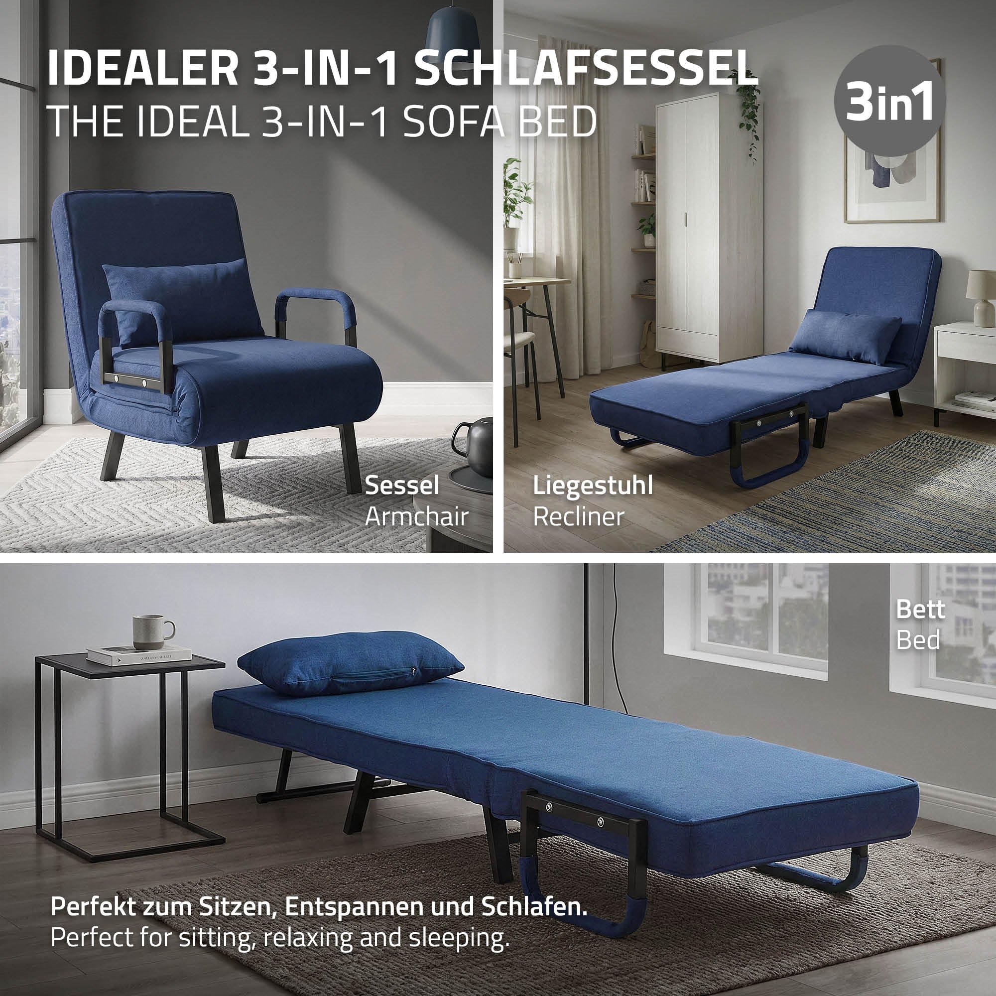 Un sillón cama 3 en 1, que se puede usar como sillón, tumbona y cama, en una habitación luminosa.