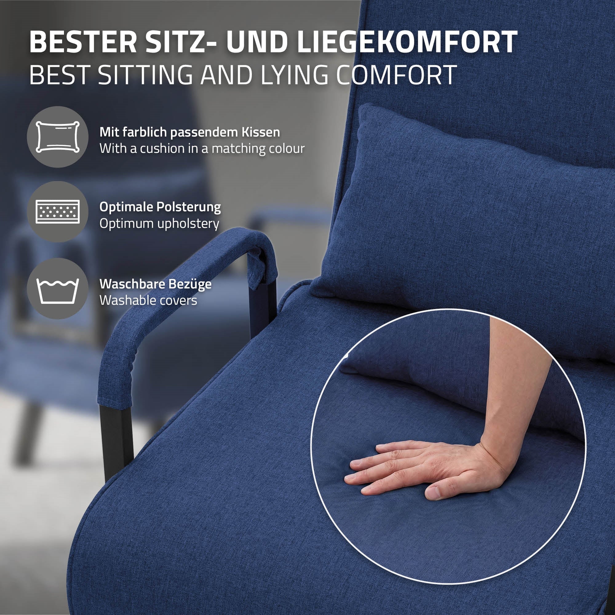 Primer plano de un sillón azul con cojín y acolchado.