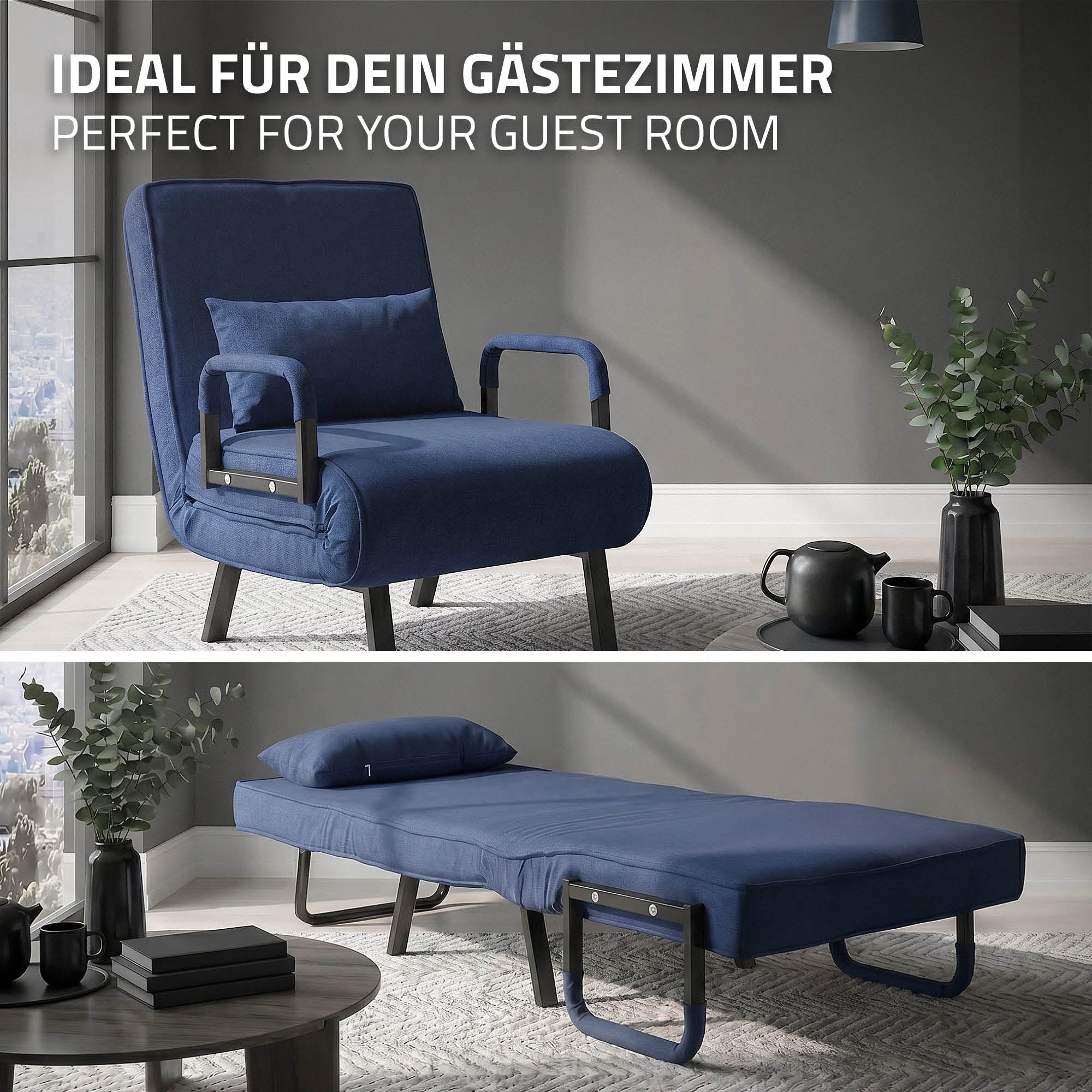 Sillón azul en la sala de estar, con función de cama y plantas al fondo.