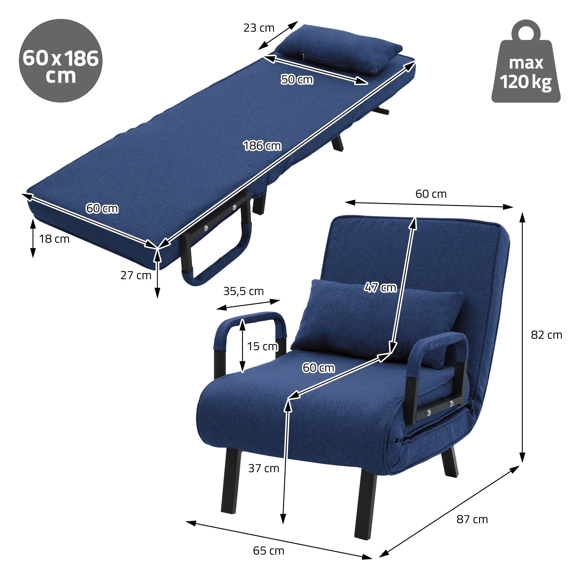 Dibujo de medidas de un sillón cama con dimensiones y capacidad de peso.