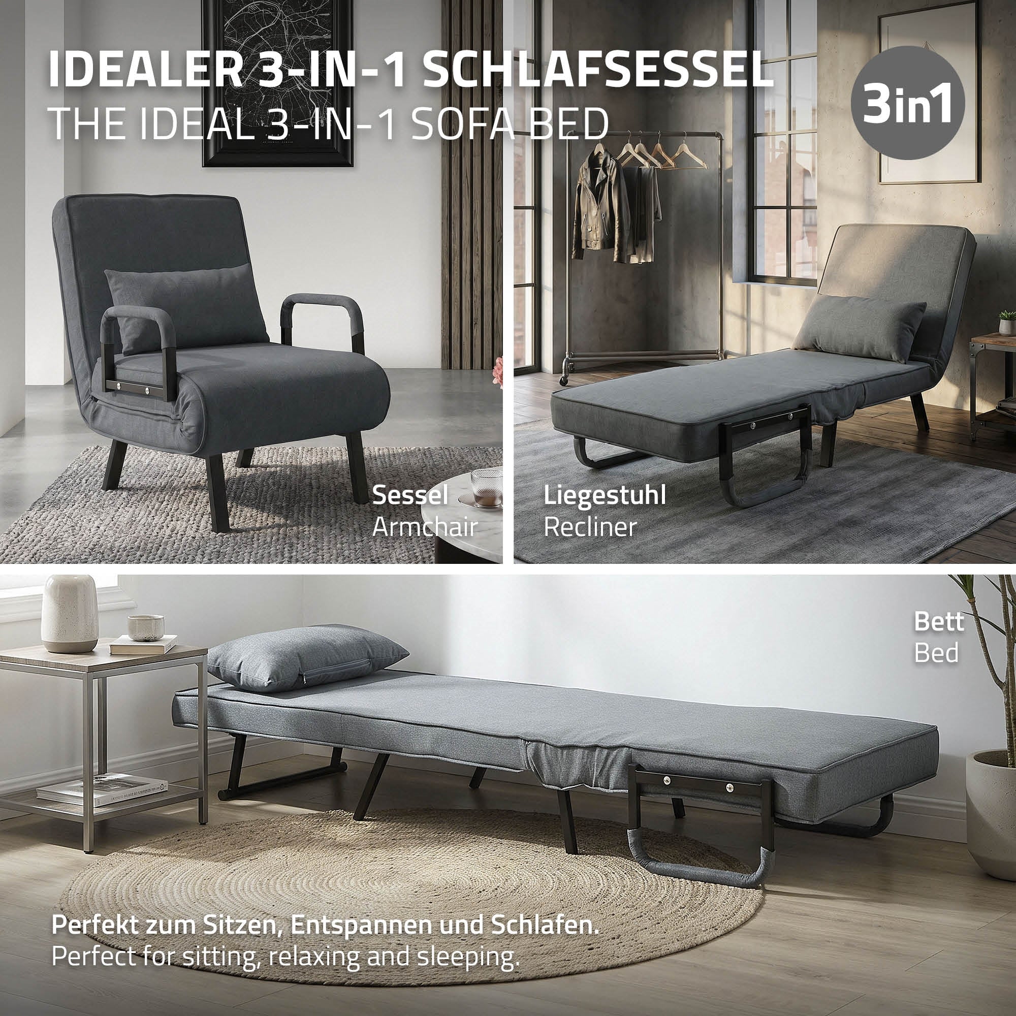 Ein 3-in-1 Schlafsessel, Liegestuhl und Bett in einem hellen Raum.