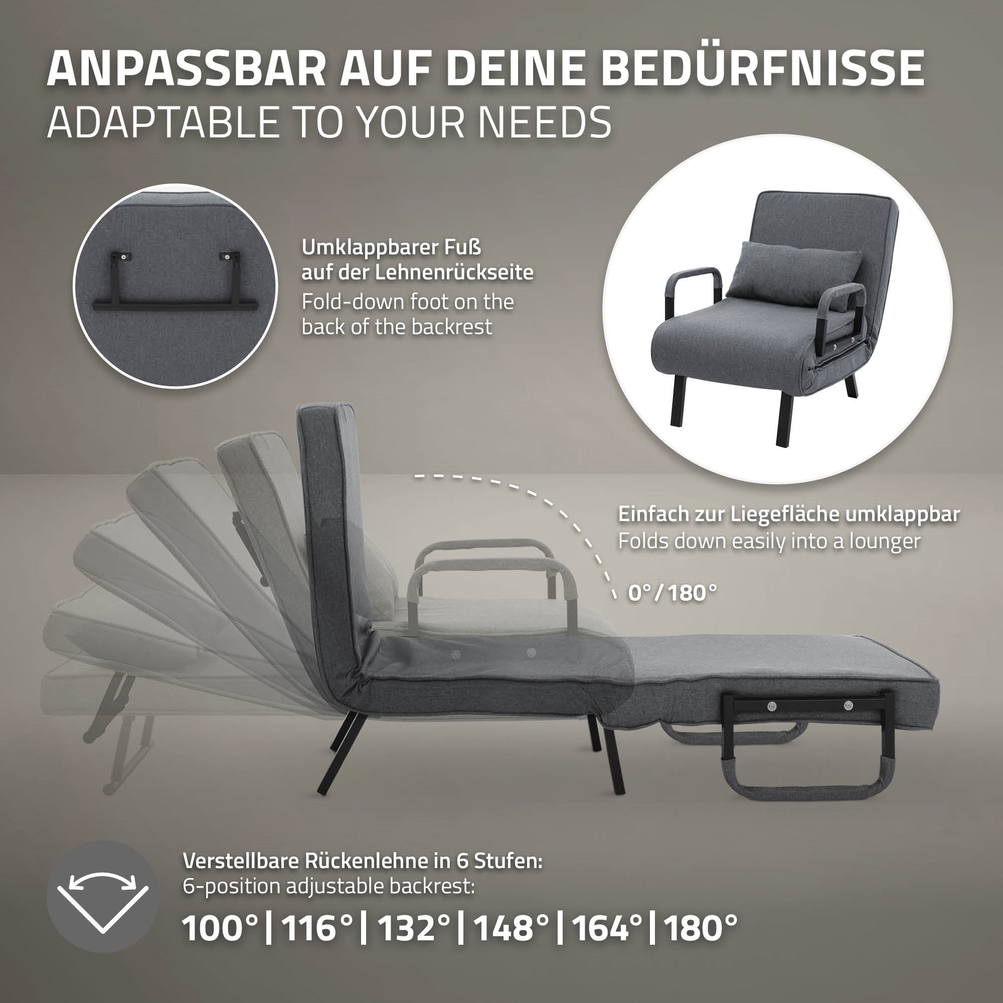Verstellbare Rückenlehne in sechs Stufen, umklappbarer Fuß auf der Lehnenrückseite.