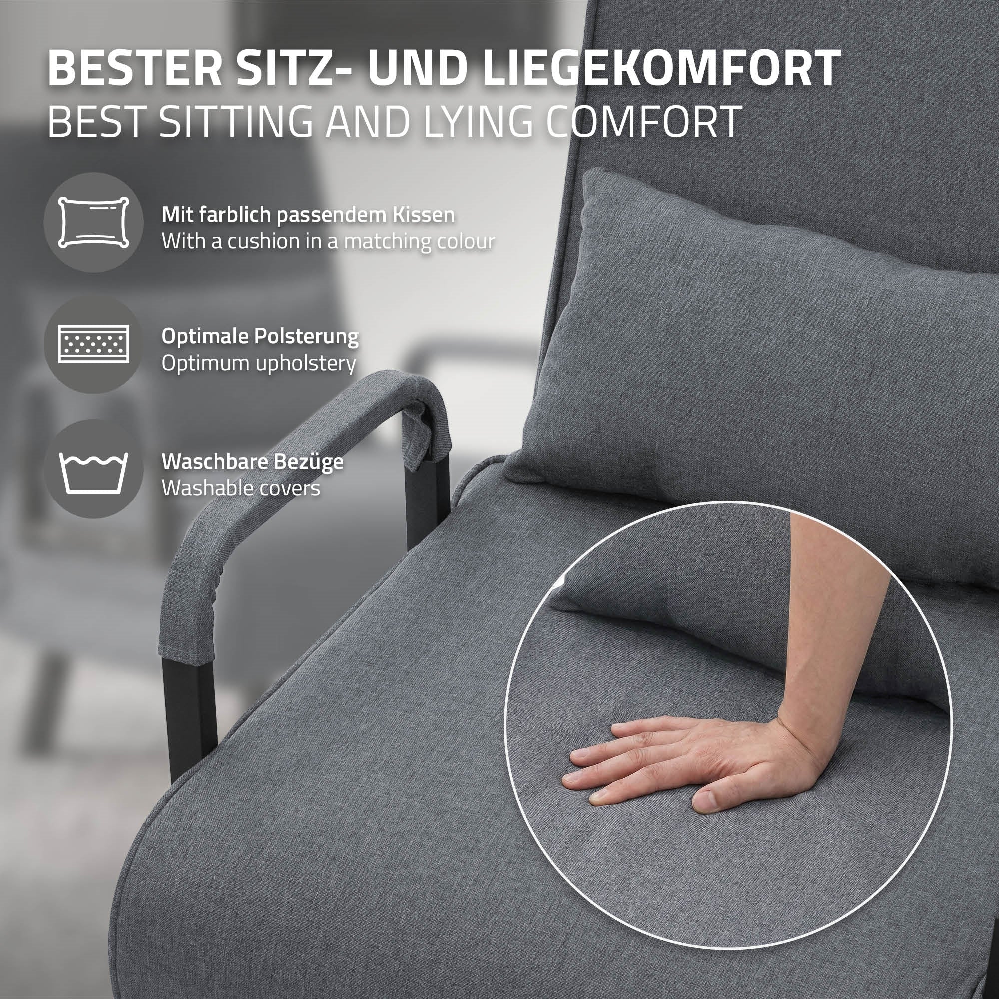 Grauer Schlafsessel mit Kissen, optimaler Polsterung und waschbaren Bezügen.