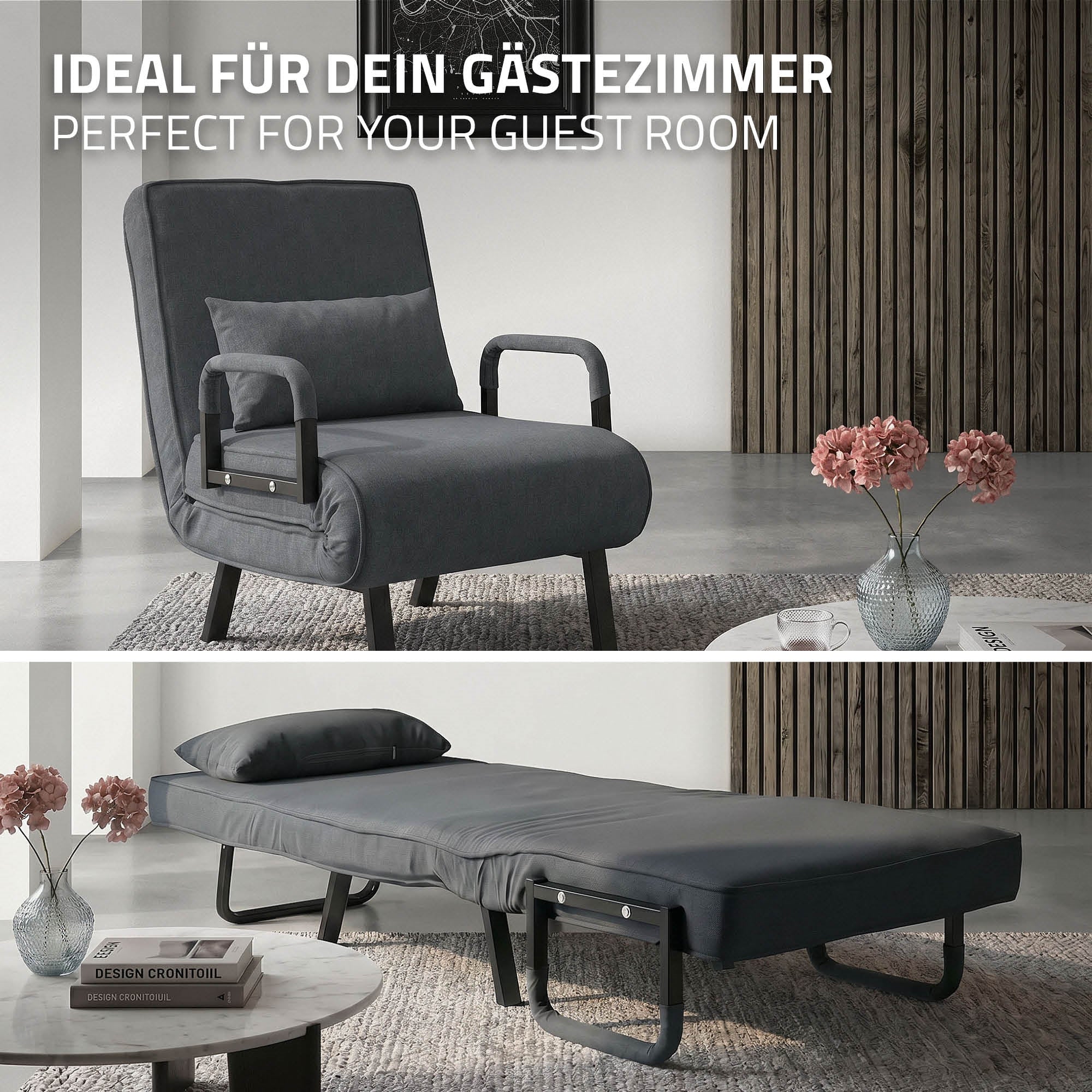 Ein grauer Sessel und ein Bett in einem modernen Raum mit Blumen auf einem Tisch.