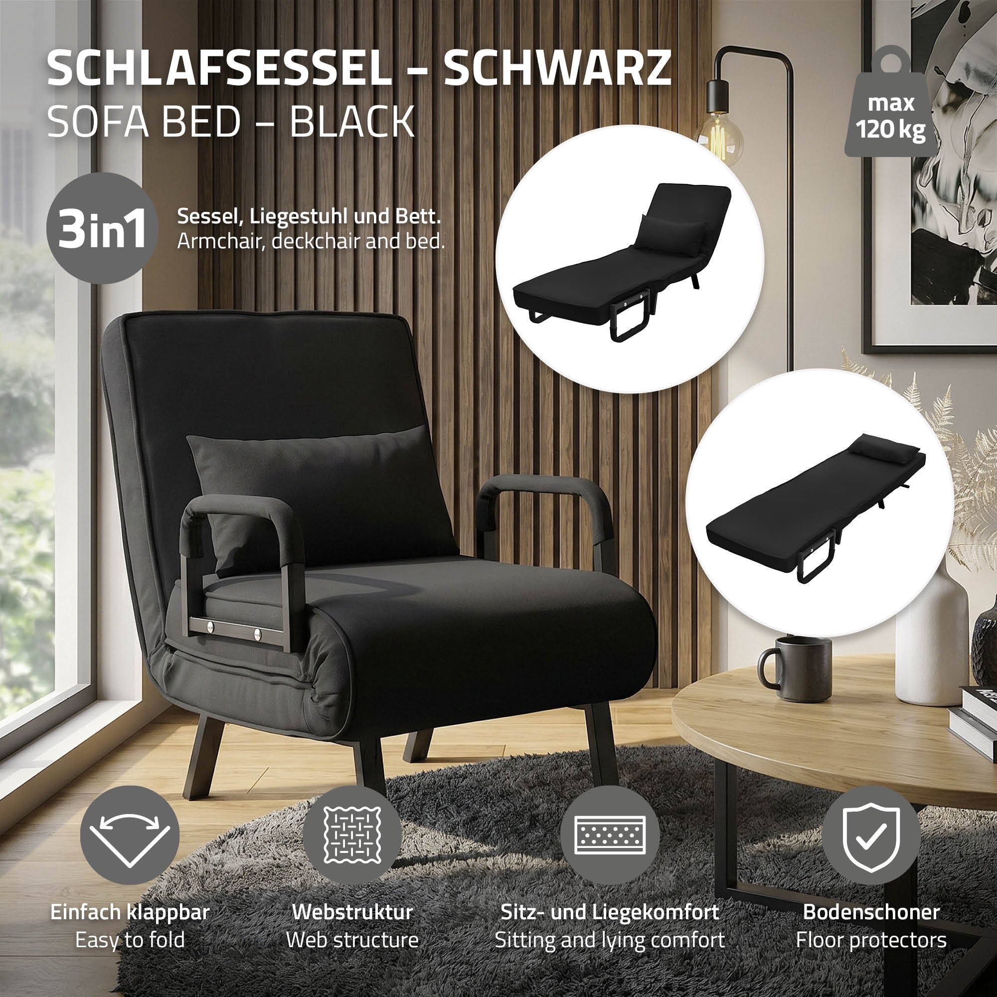 Schwarzer Schlafsessel mit Liegefunktion, Armlehnen und Tisch im Hintergrund.