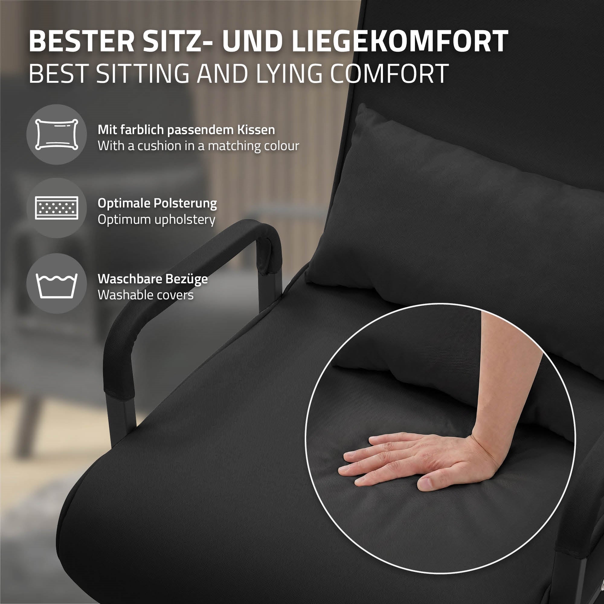 Sillón negro con cojines, acolchado óptimo y fundas lavables.