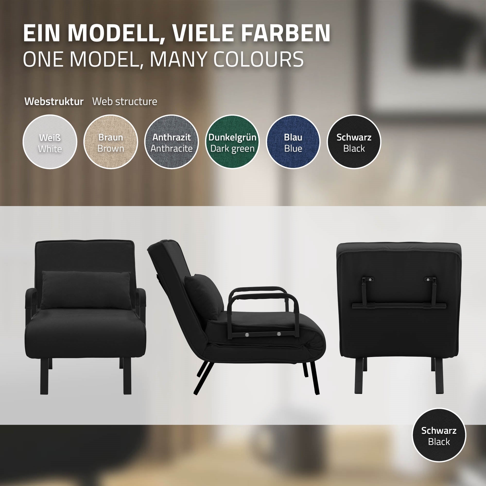 Sillón negro con función de cama, reposabrazos y varias opciones de color.