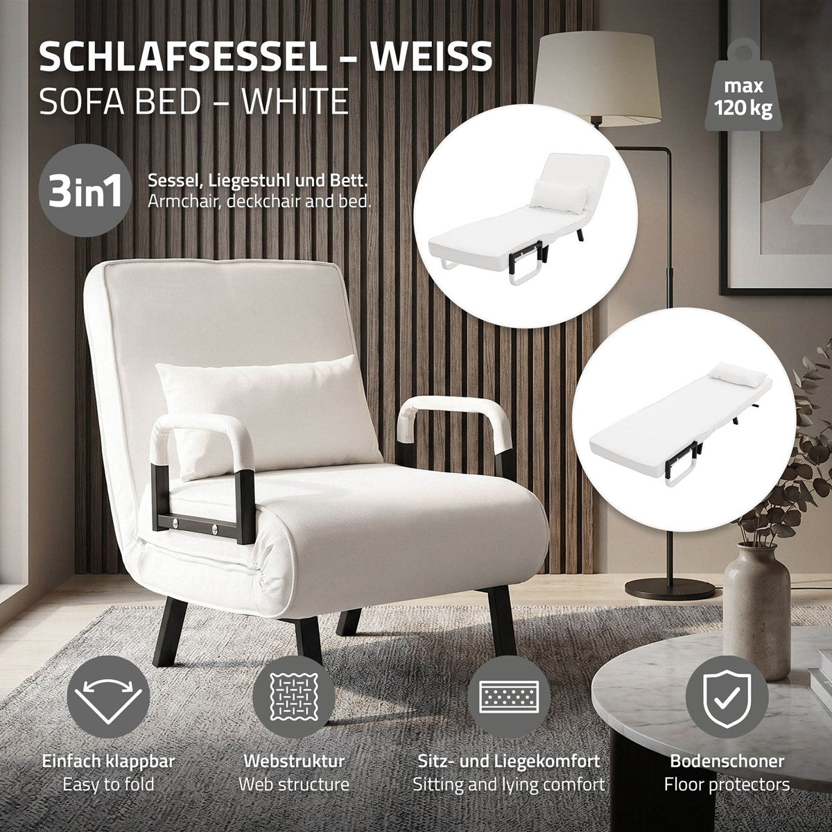 Weißer Schlafsessel mit Liegefunktion, Armlehnen und Tisch im Hintergrund.