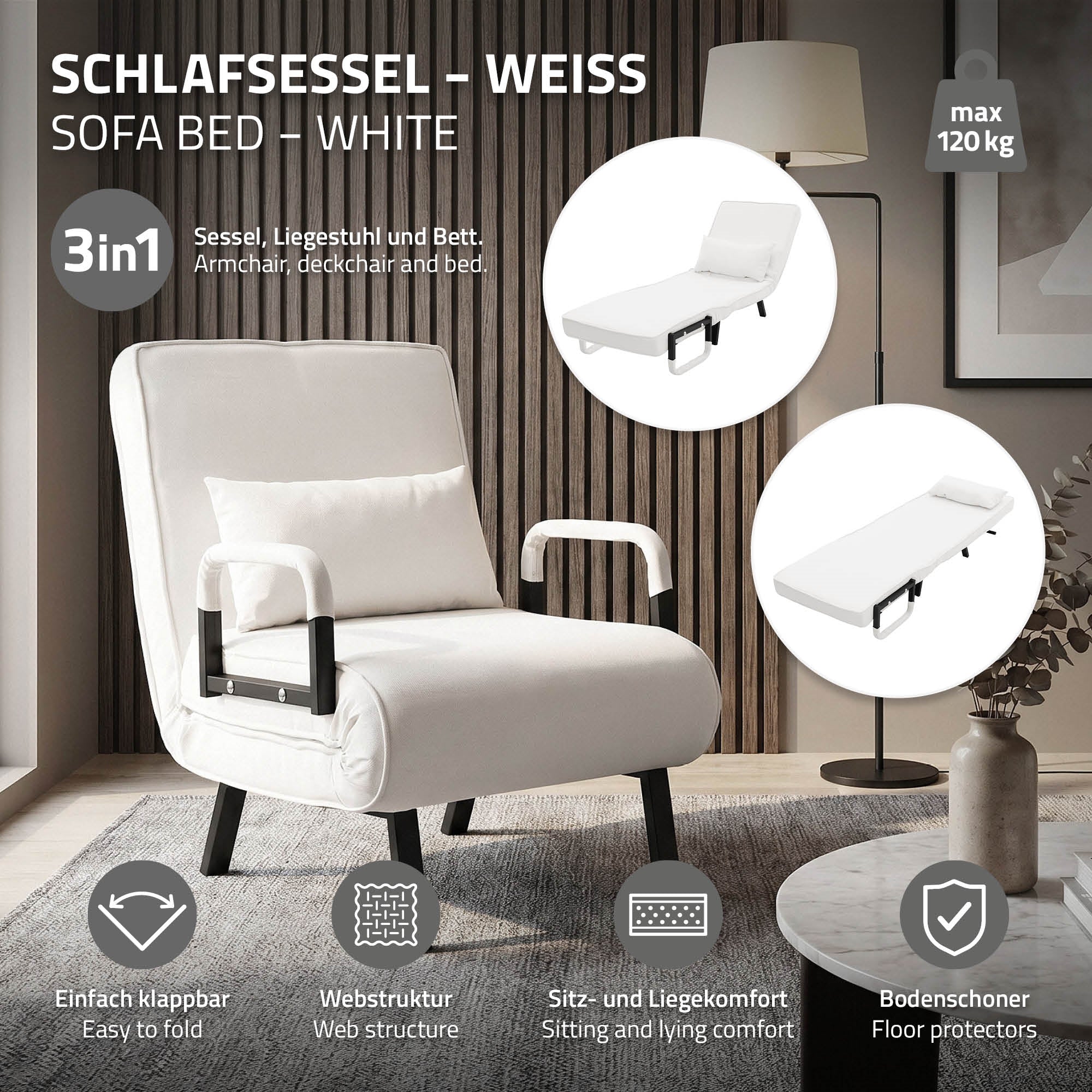 Weißer Schlafsessel mit Liegefunktion, Armlehnen und Tisch im Hintergrund.