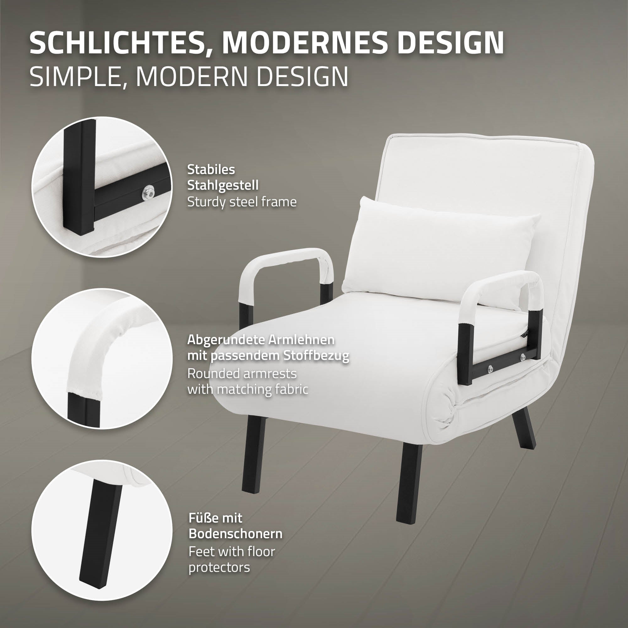 White armchair, modern design, rounded armrests and feet with floor protectors.