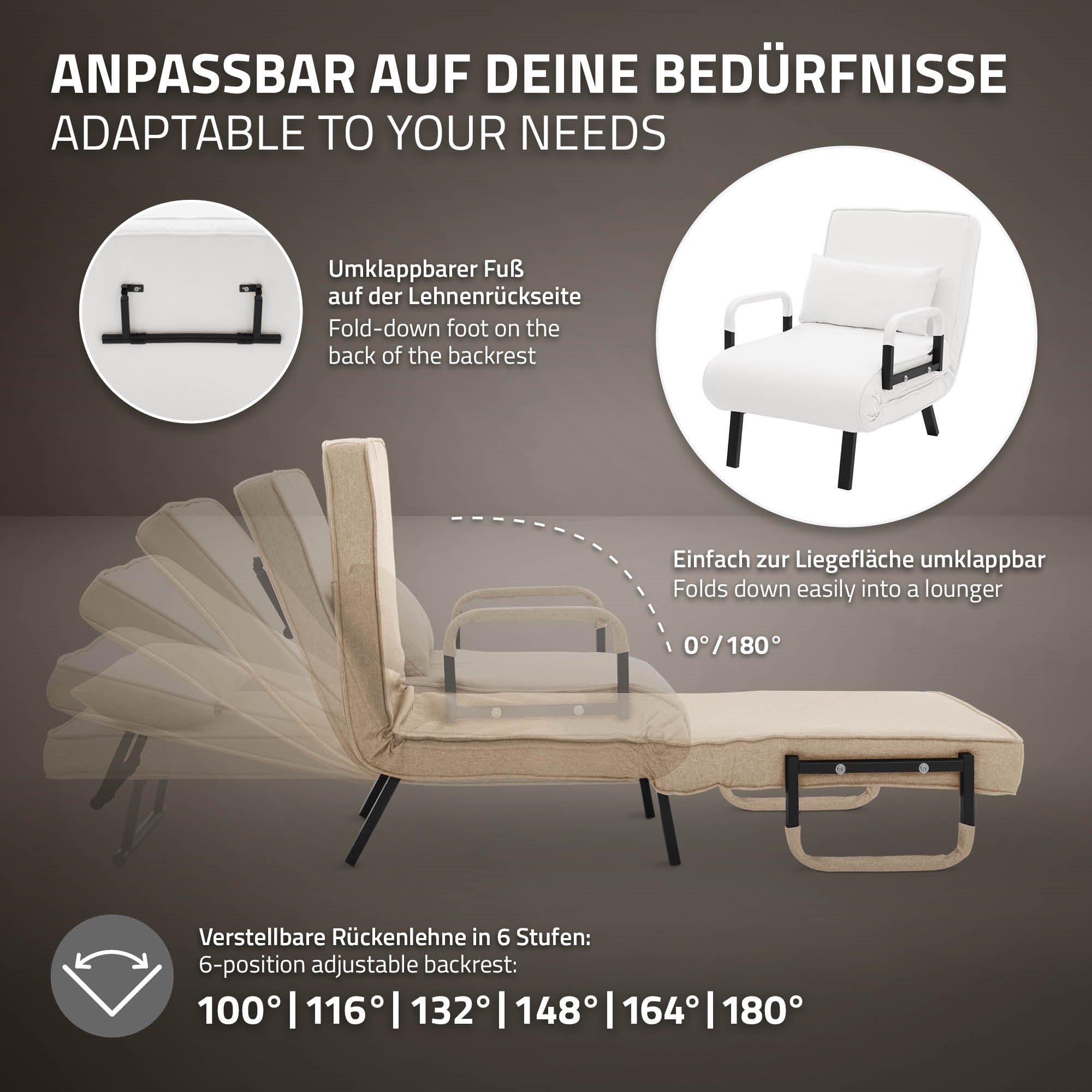 White reclining armchair with adjustable backrest in various positions.
