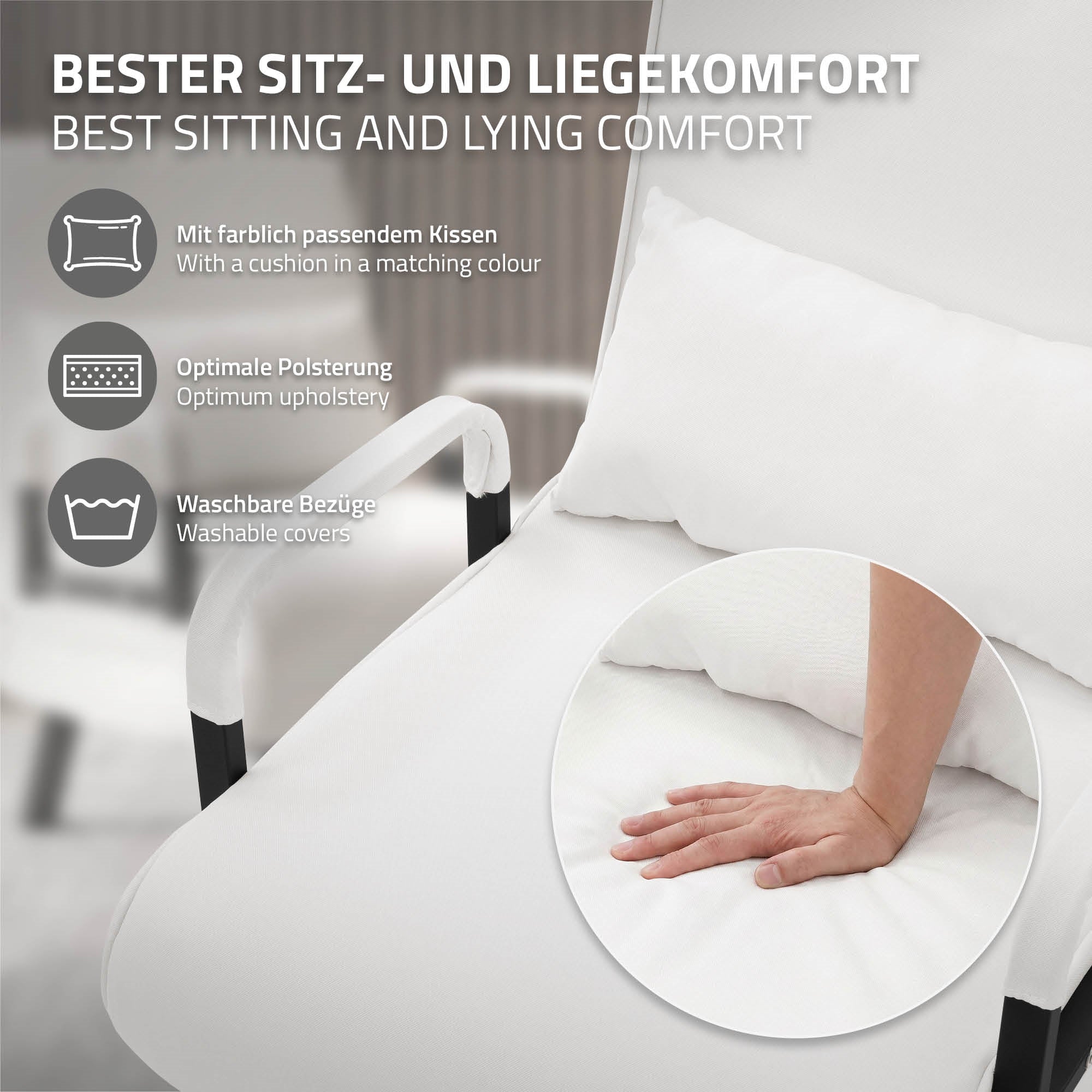 White armchair with matching cushion and description of seating comfort.